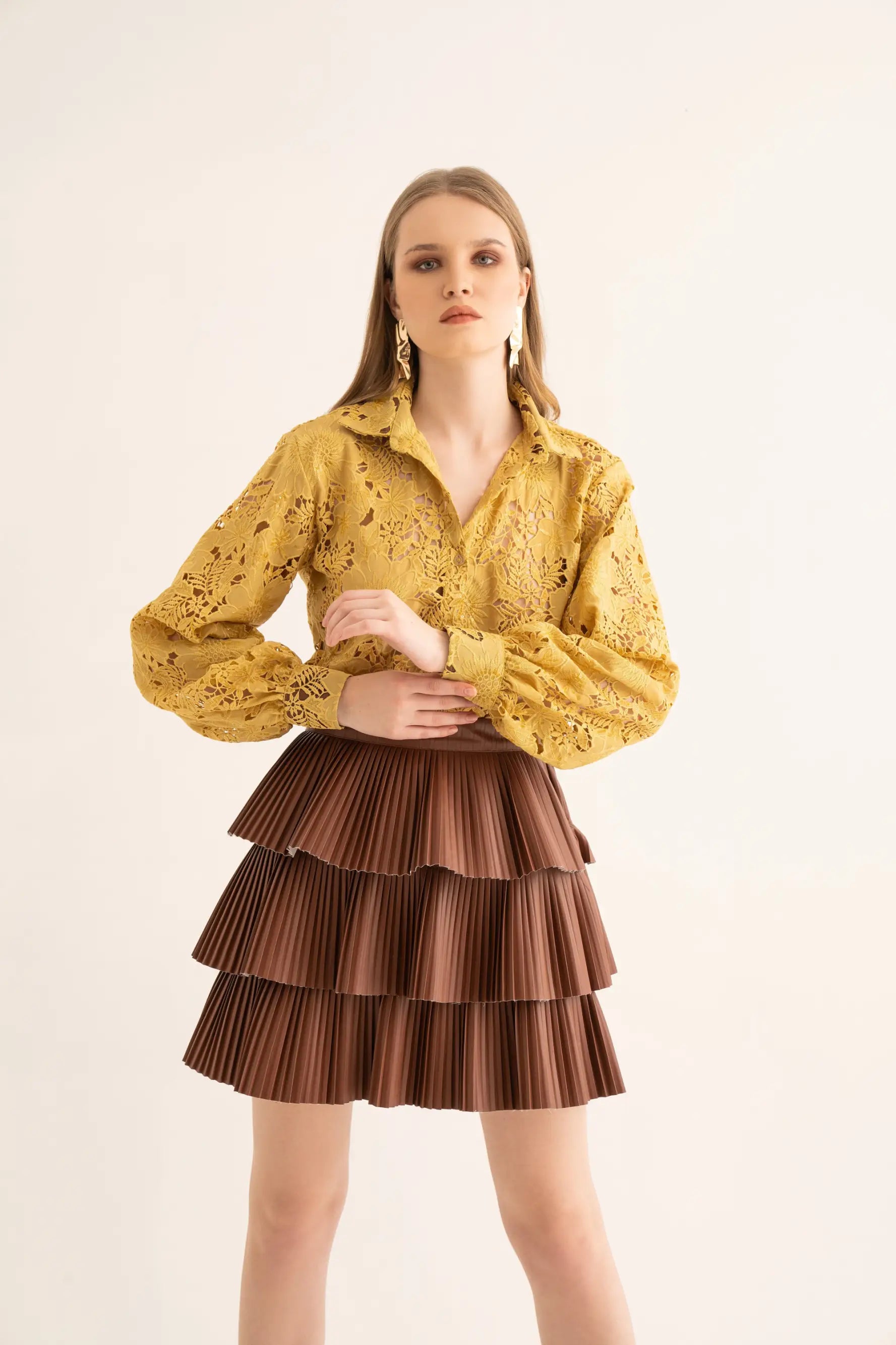 Mellow-Yellow Cut Work Shirt and Brown Skirt Co-ord Set - SET