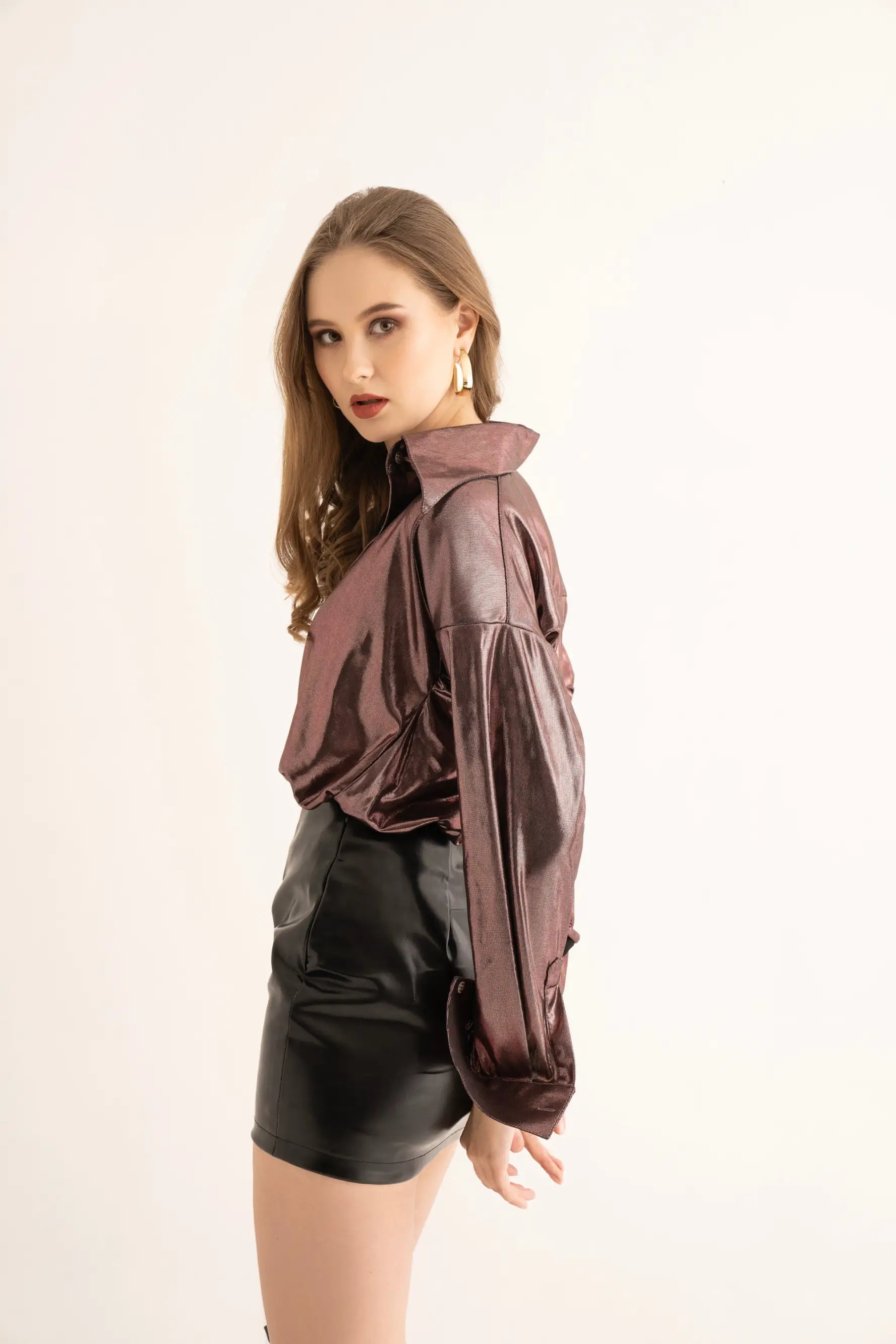 Metallic Copper Oversized Shirt and Black Leather Mini Skirt Co-ord Set - SET