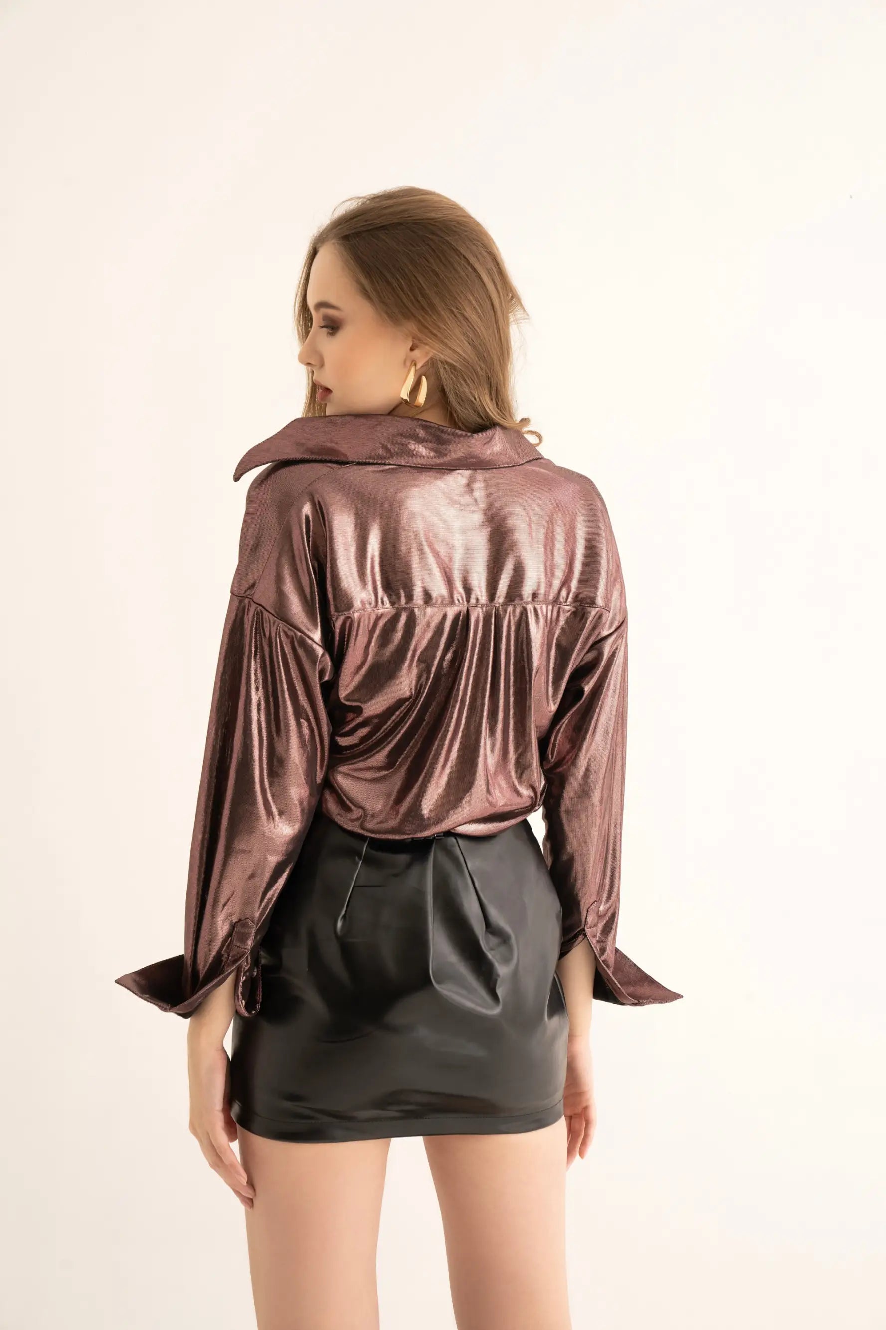 Metallic Copper Oversized Shirt and Black Leather Mini Skirt Co-ord Set - SET