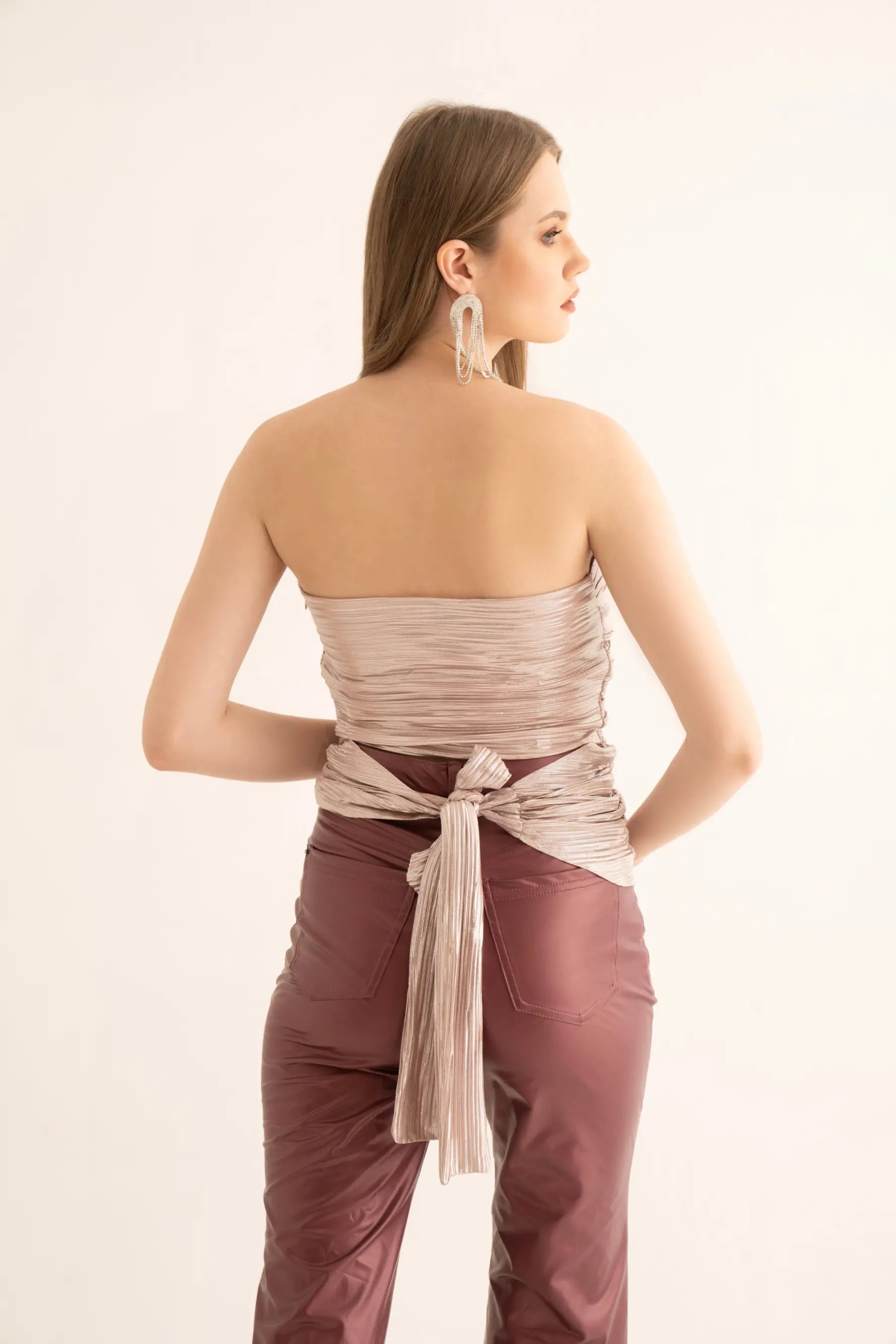 Metallic Rose Pleated Cut Out Tube Top - TOPS