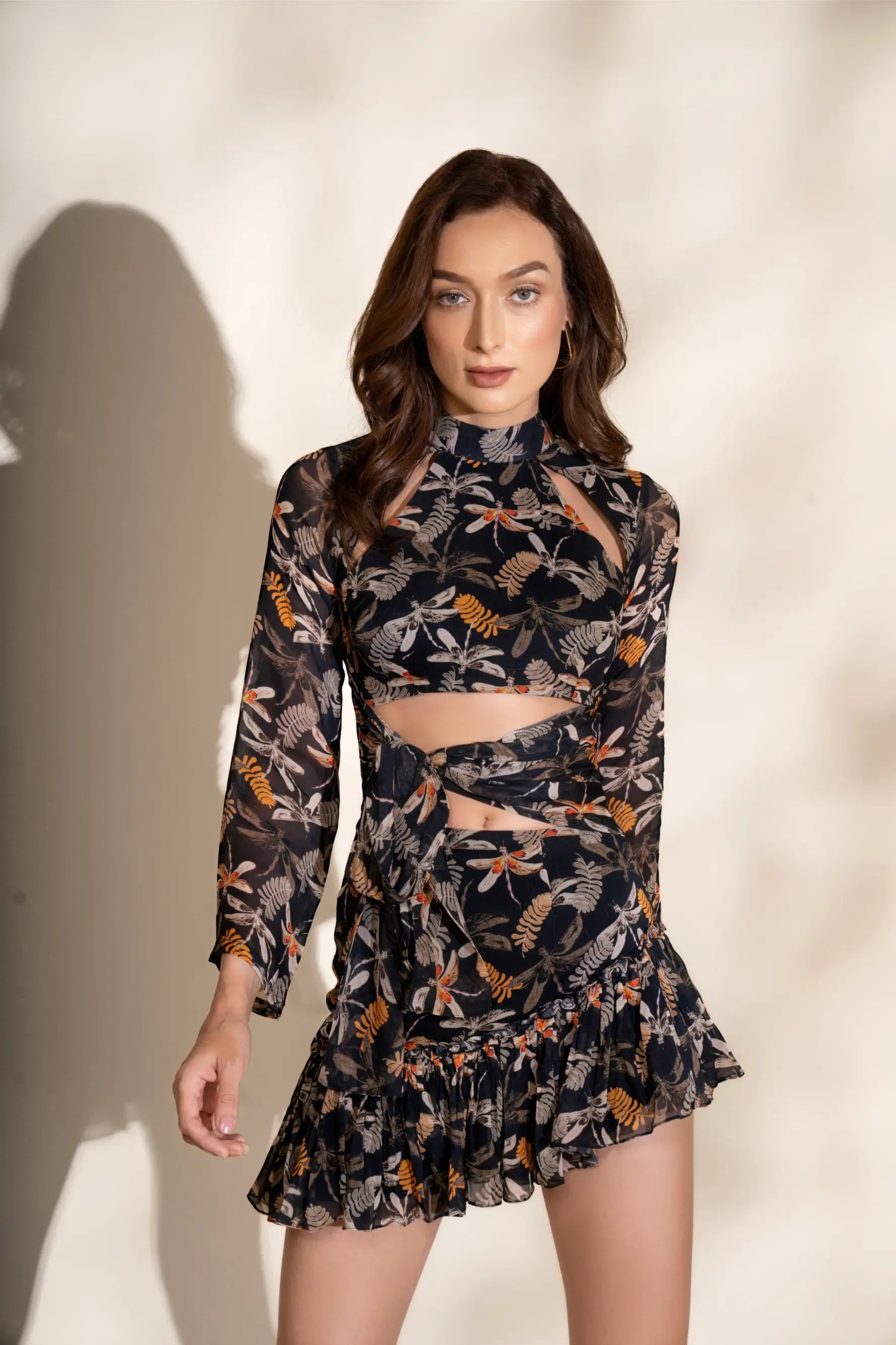 Midnight Firefly Print Ruffle Dress - DRESSES