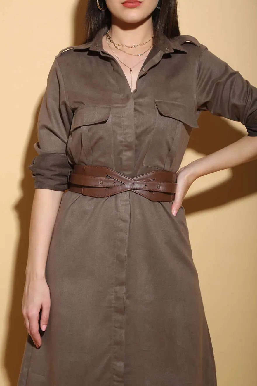 Military Green Midi Dress - DRESSES