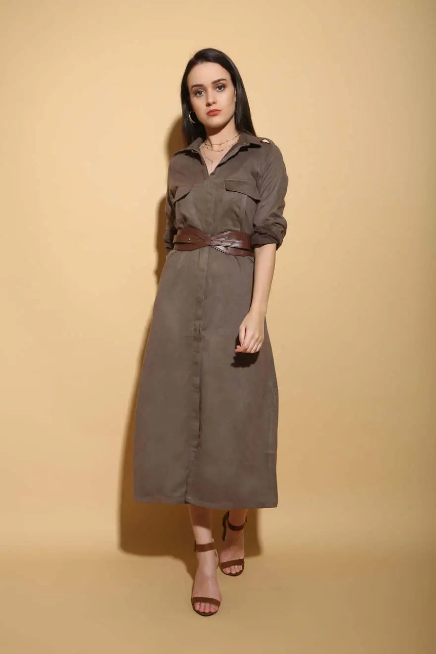 Military Green Midi Dress - DRESSES