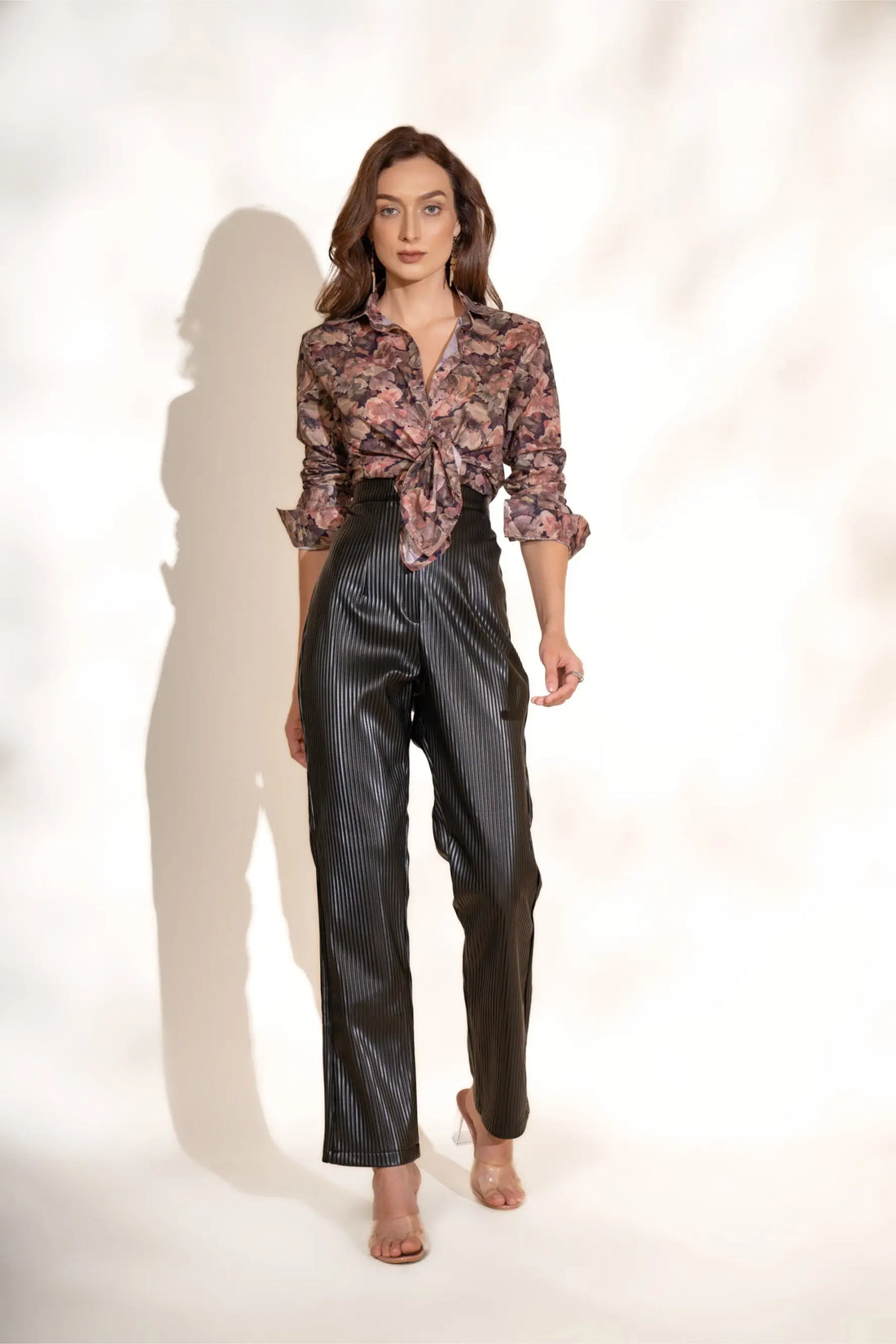 Mulberry Printed Shirt and Black Pleated Pants Co-ord Set - SET