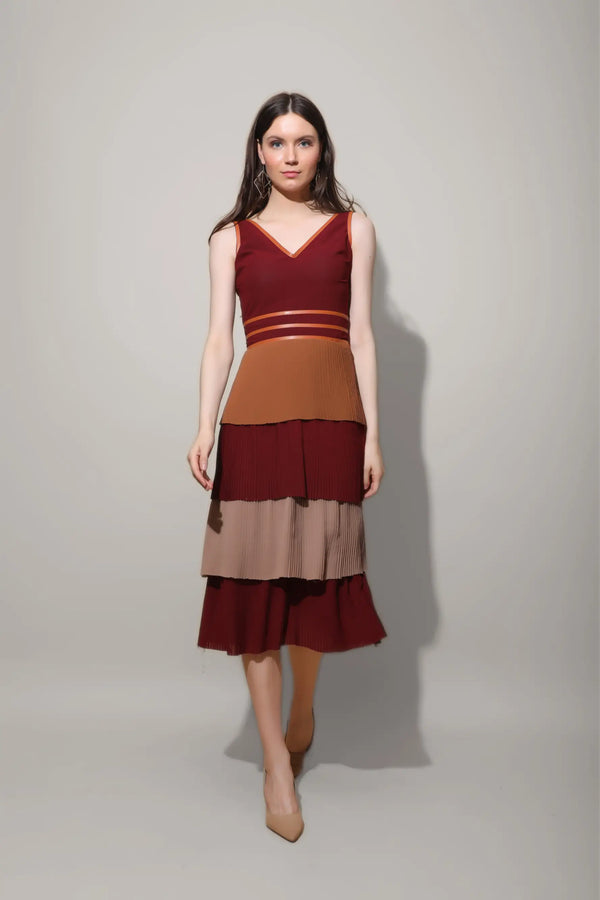 Multicolour Pleated Midi Dress - DRESSES