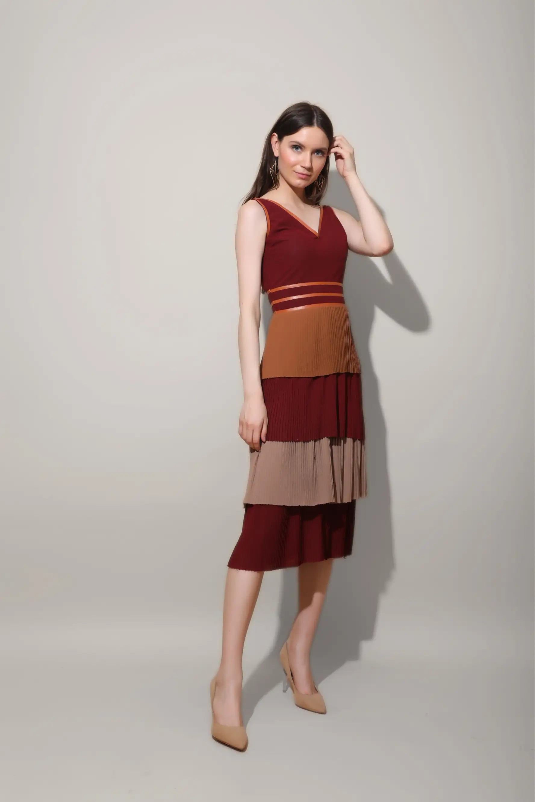 Multicolour Pleated Midi Dress - DRESSES