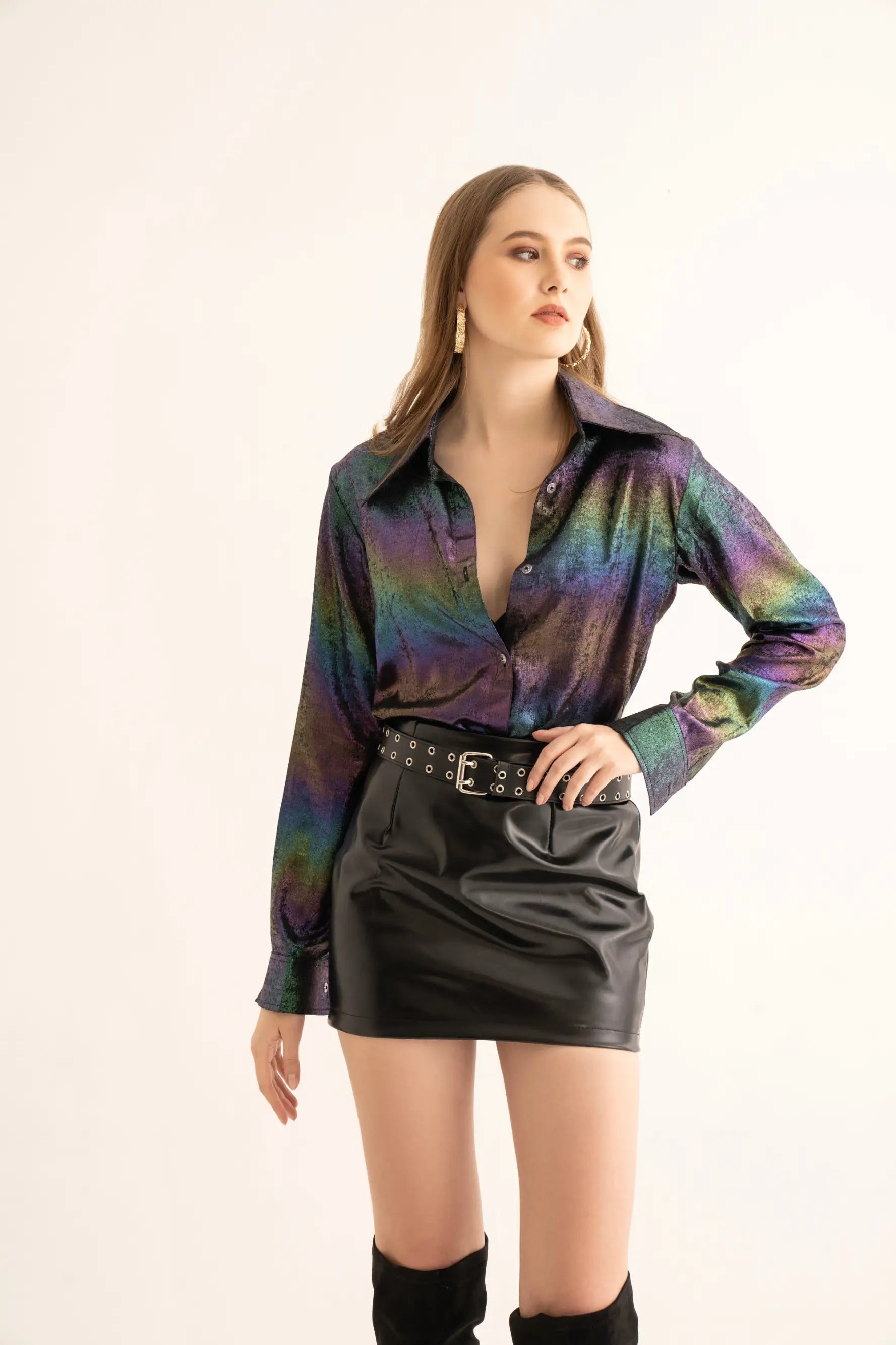 Nightfall Shimmer Oversized Shirt and Black Leather Mini Skirt Co-ord Set - SET