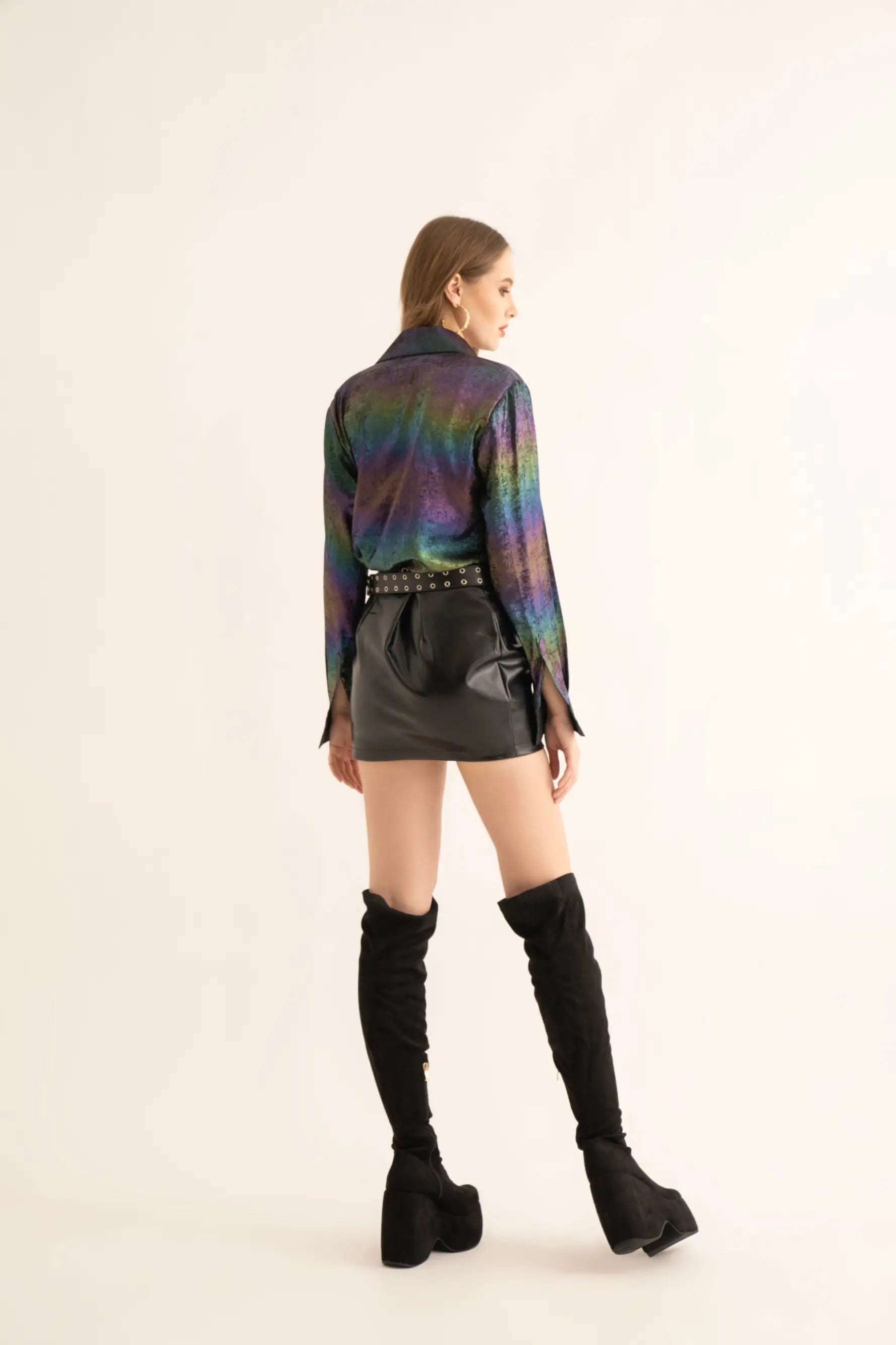 Nightfall Shimmer Oversized Shirt and Black Leather Mini Skirt Co-ord Set - SET