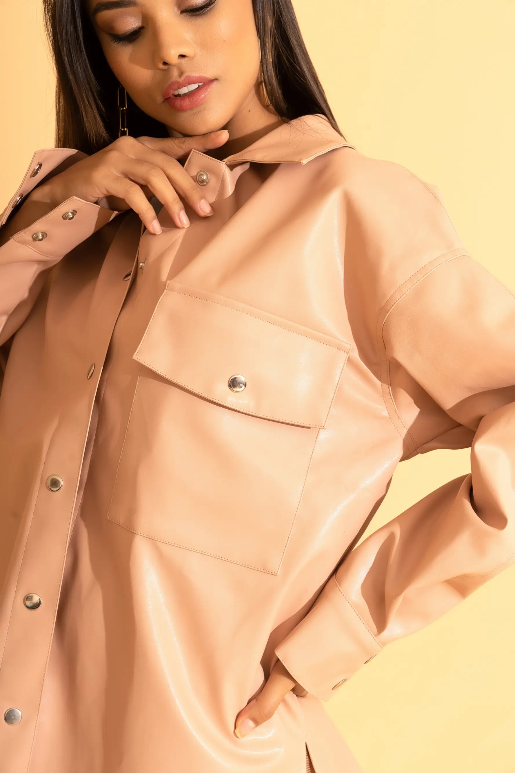 Nude Faux Leather Shacket - Shirts