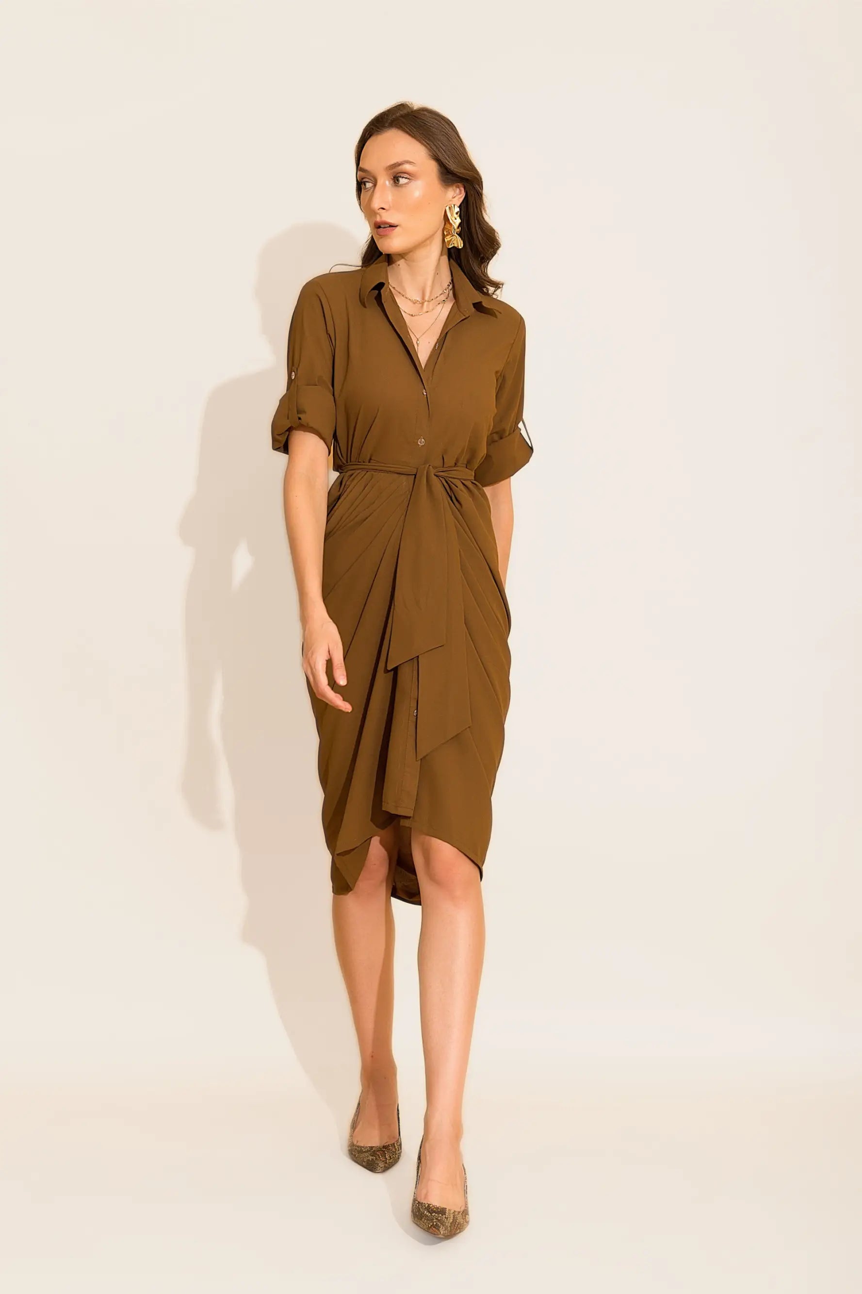 Olive Front Knot Midi Dress - DRESSES