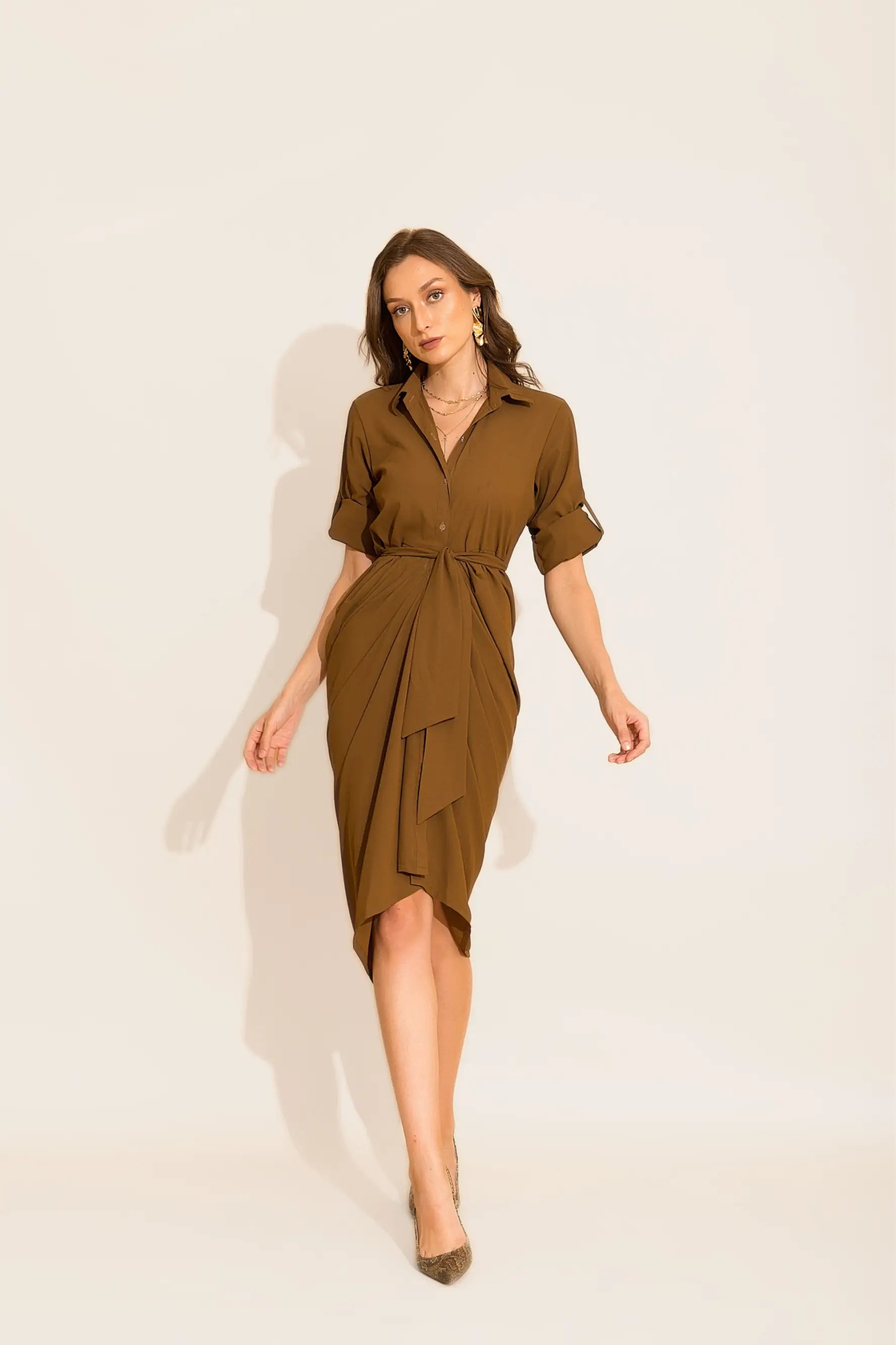 Olive Front Knot Midi Dress - DRESSES