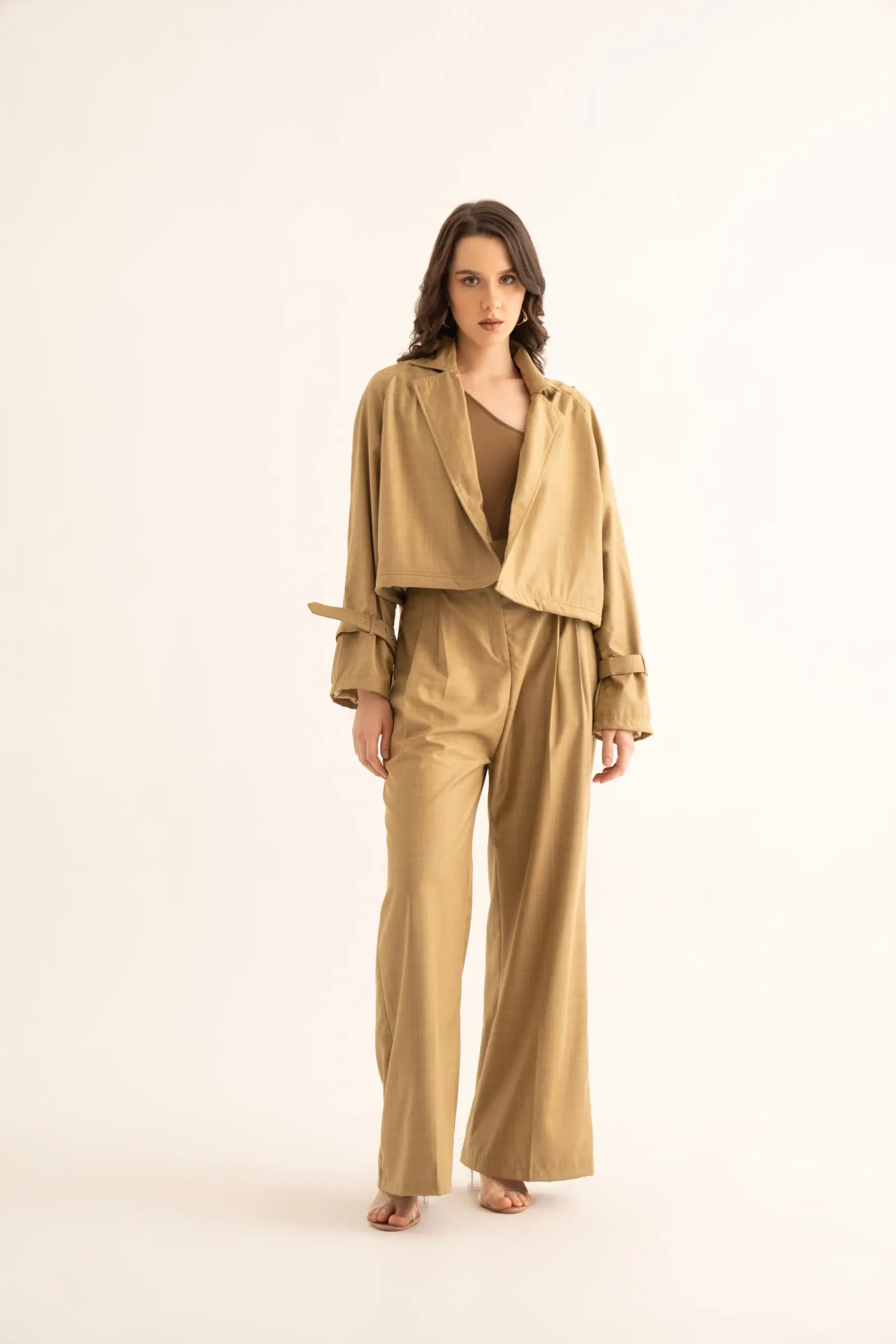 Oversized Khaki Suiting Crop Trench - trench