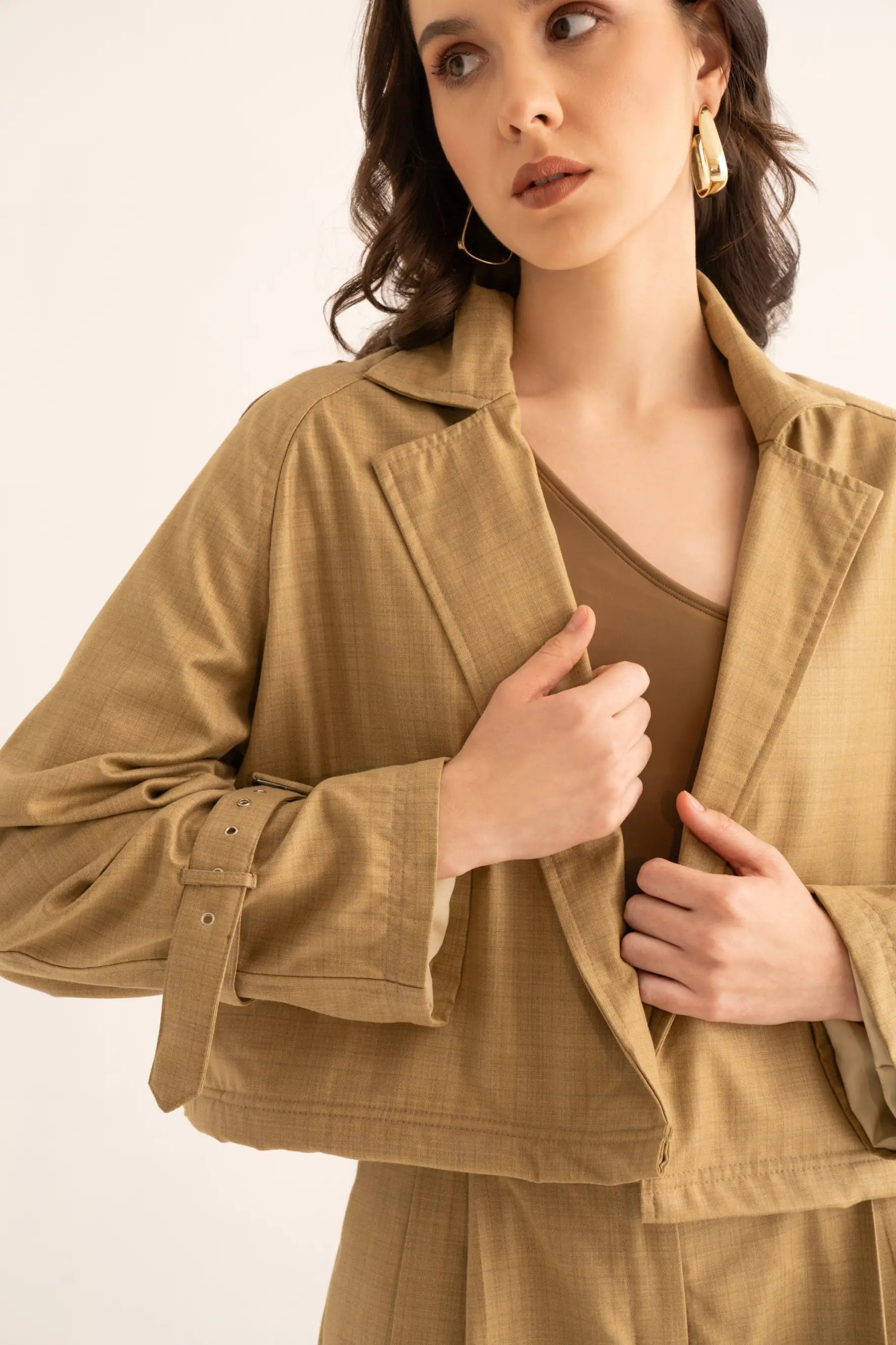 Oversized Khaki Suiting Crop Trench - trench