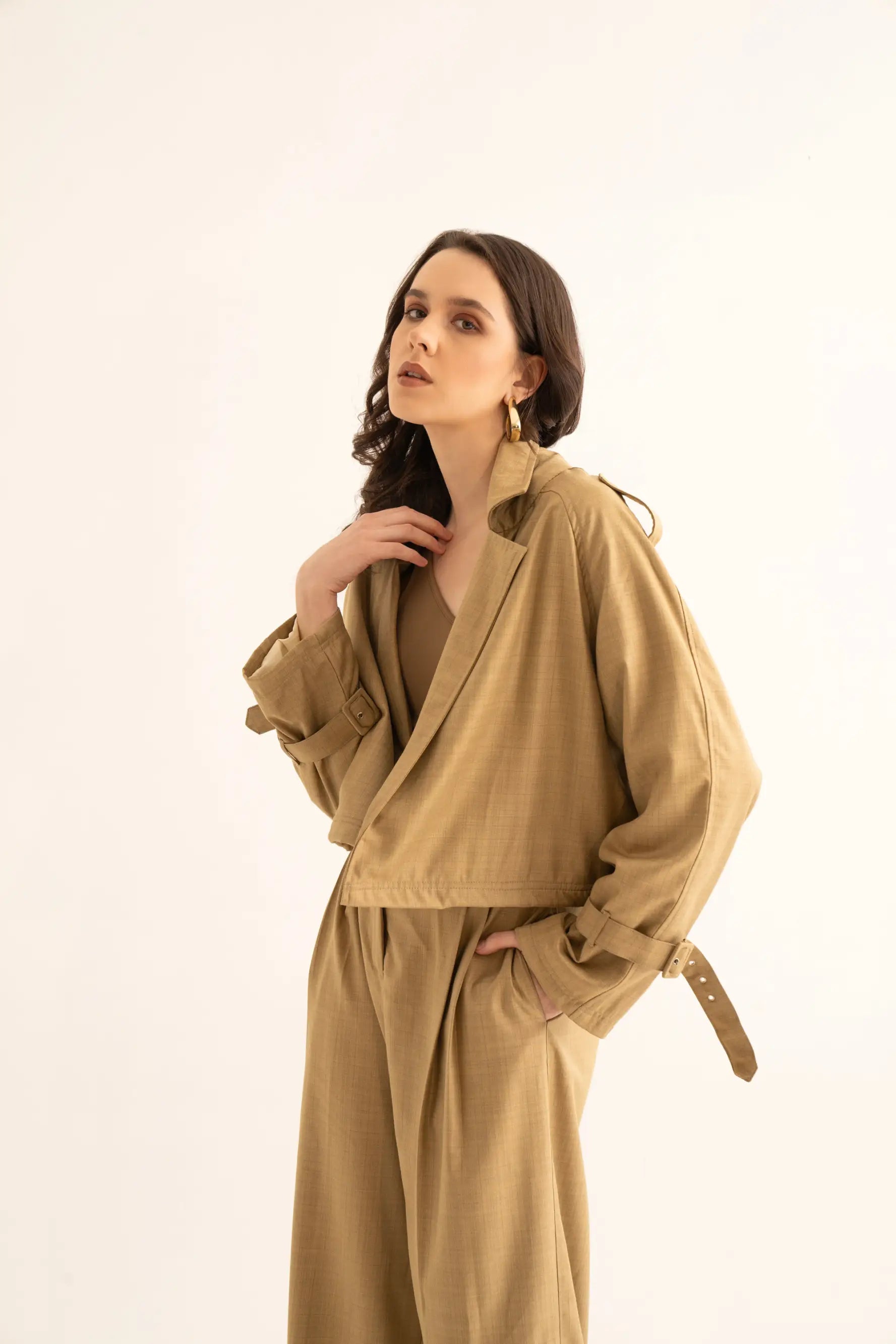 Oversized Khaki Suiting Crop Trench - trench