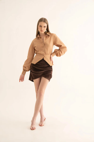 Pastel Peach Balloon Sleeve Peplum Shirt - SHIRTS