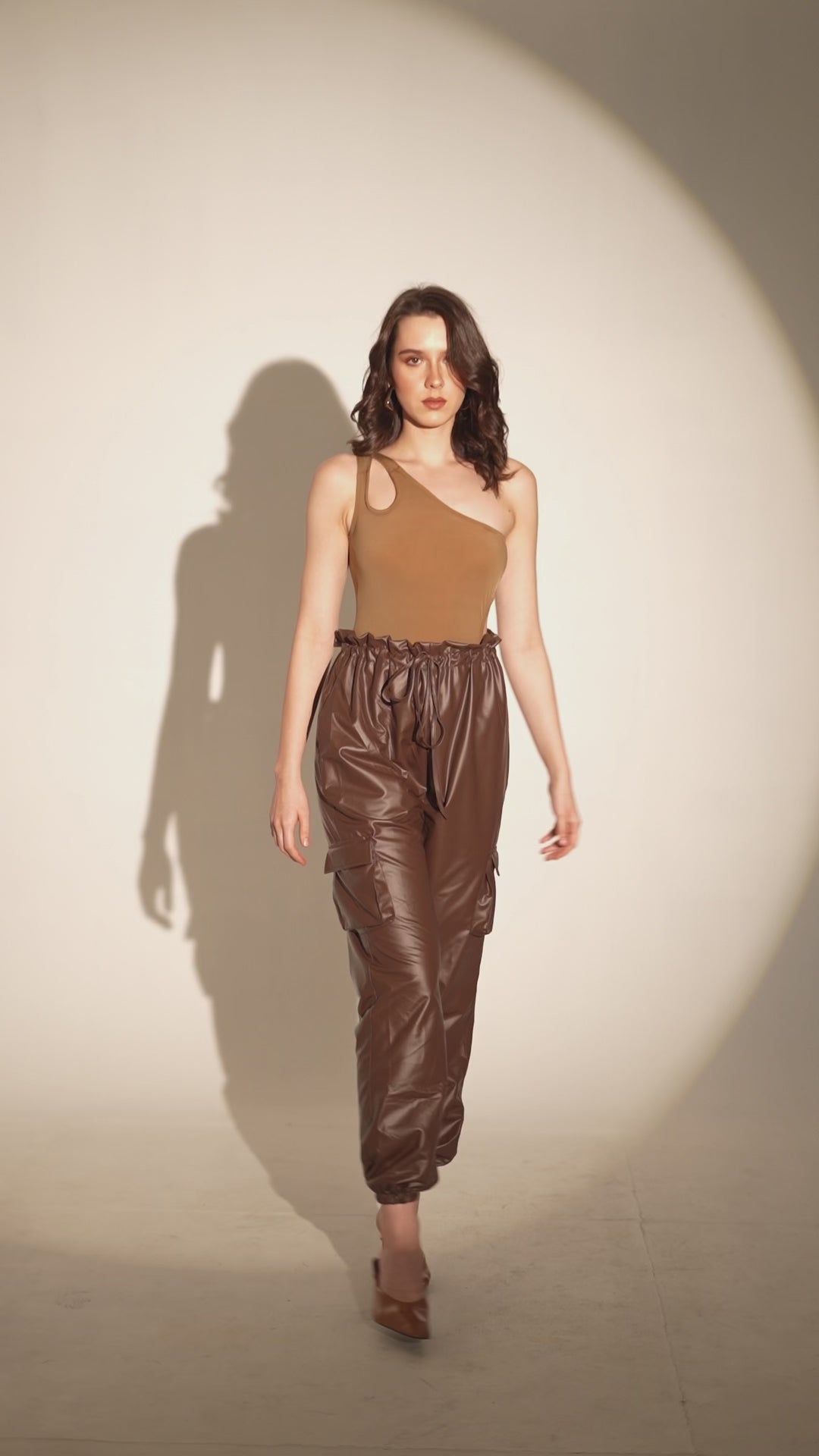 Brown Faux Leather Cargo Pants