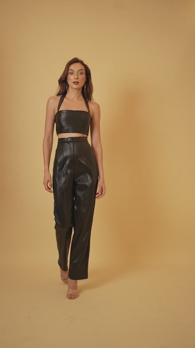 Black Pleated Leather Crop Top and Pants Co-ord Set