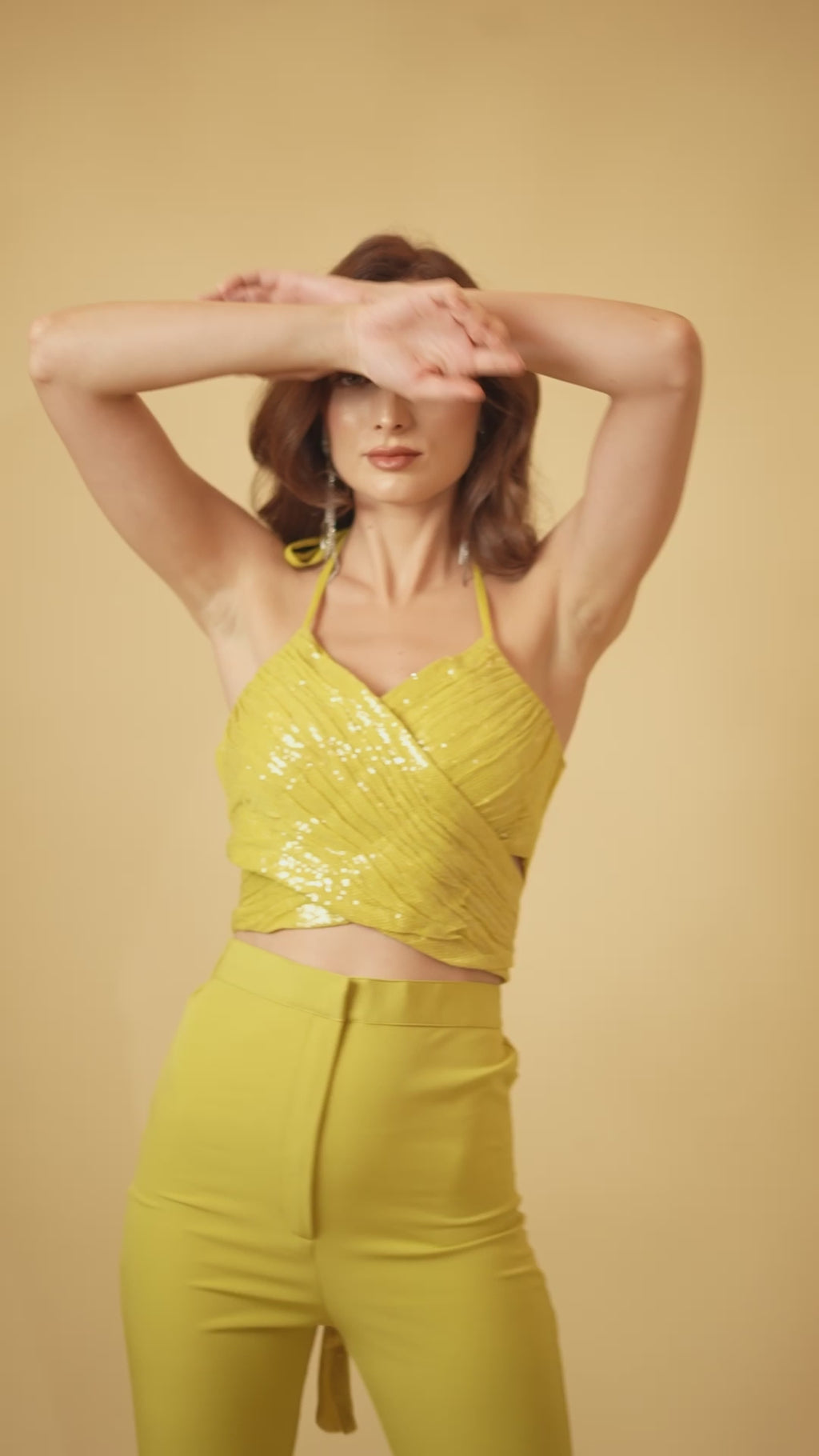 Lime Green Sequins Tie Up Top