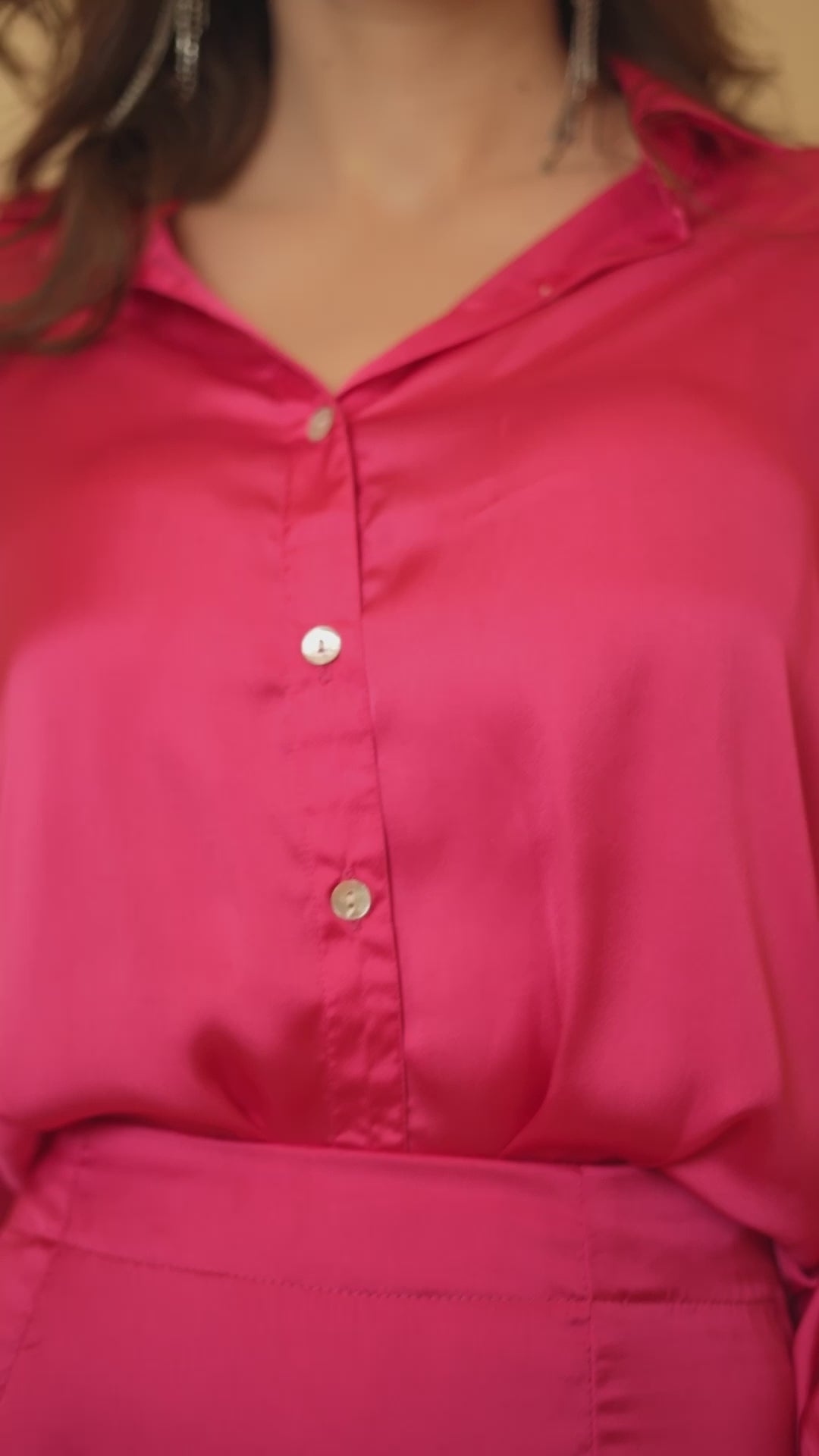 Fuchsia Satin Shirt and Satin Skirt Co-ord Set