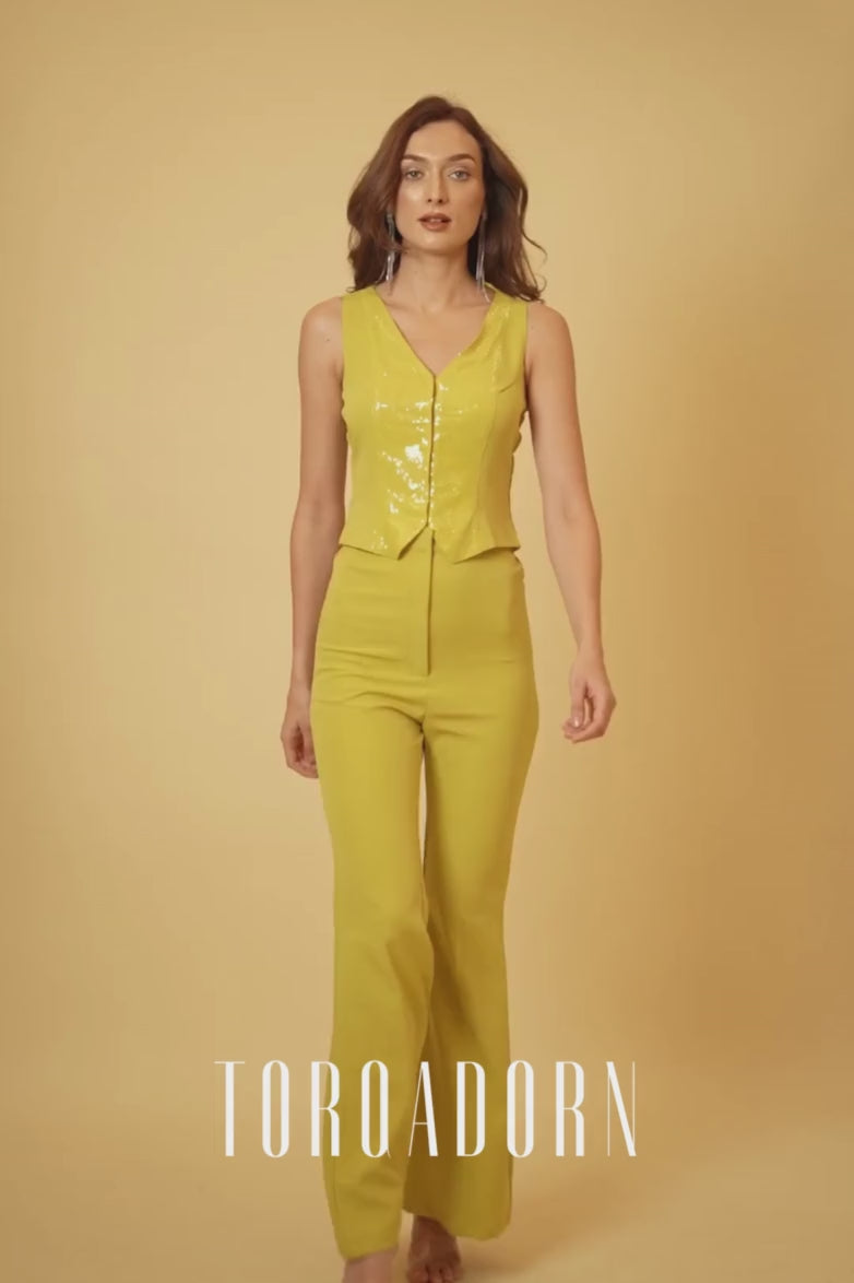 Lime Green Sequins Detailed Waistcoat