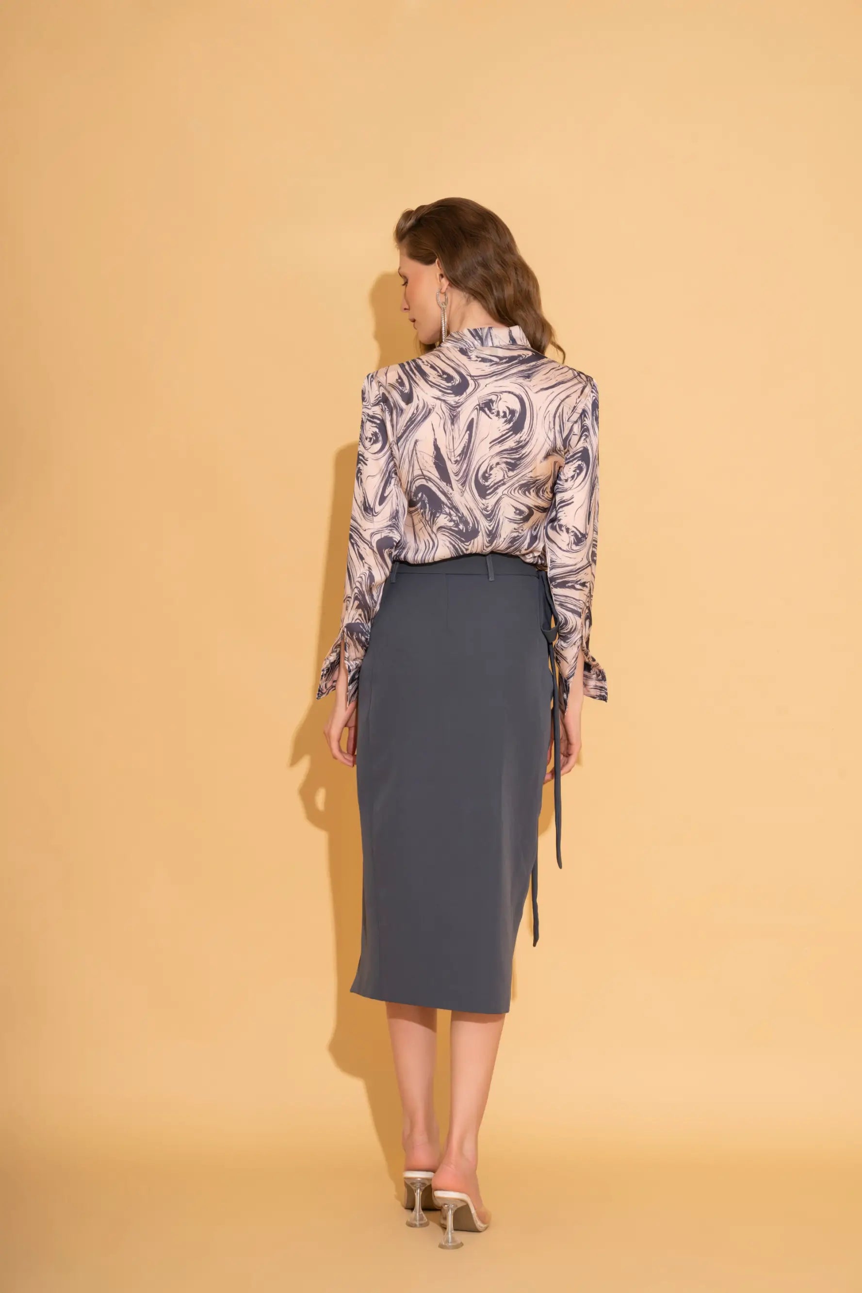 Printed Neck Tie Shirt and Blue Overlap Skirt Co-ord Set - SET