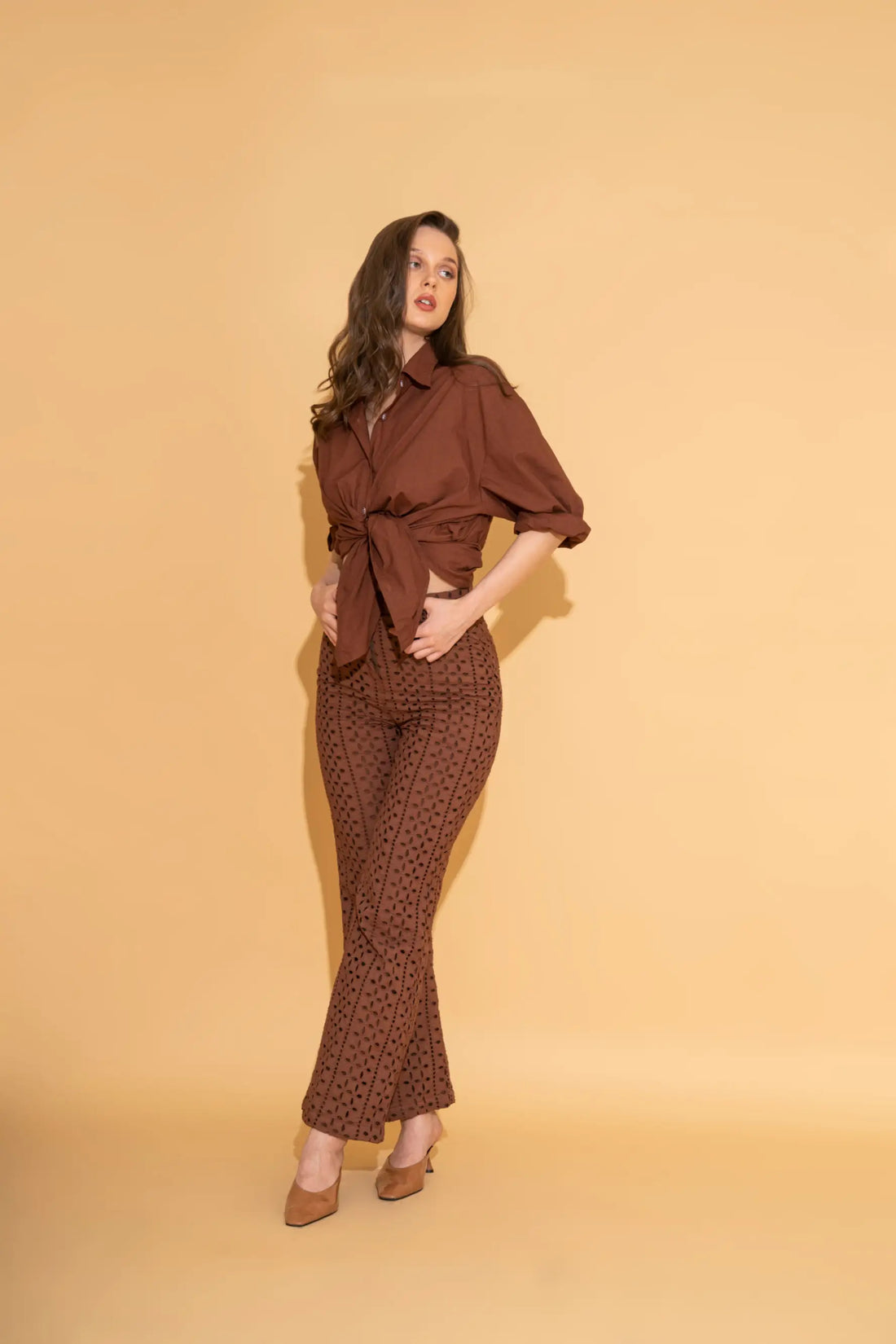 Rust Schiffli Pants and Poplin Shirt Co-ord Set - SET