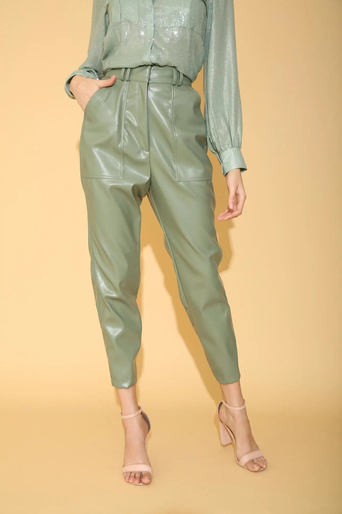 Sage Green Faux Leather Pants - PANTS