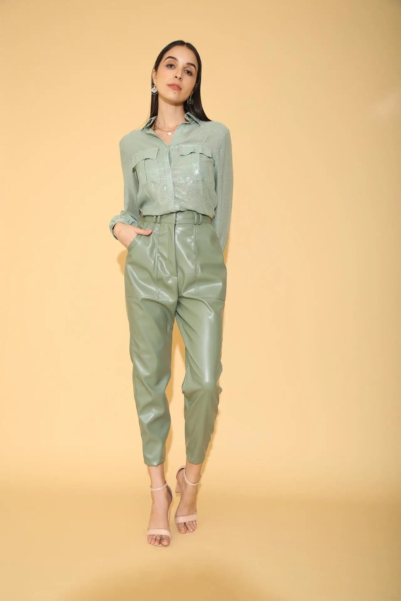 Sage Green Faux Leather Pants - PANTS