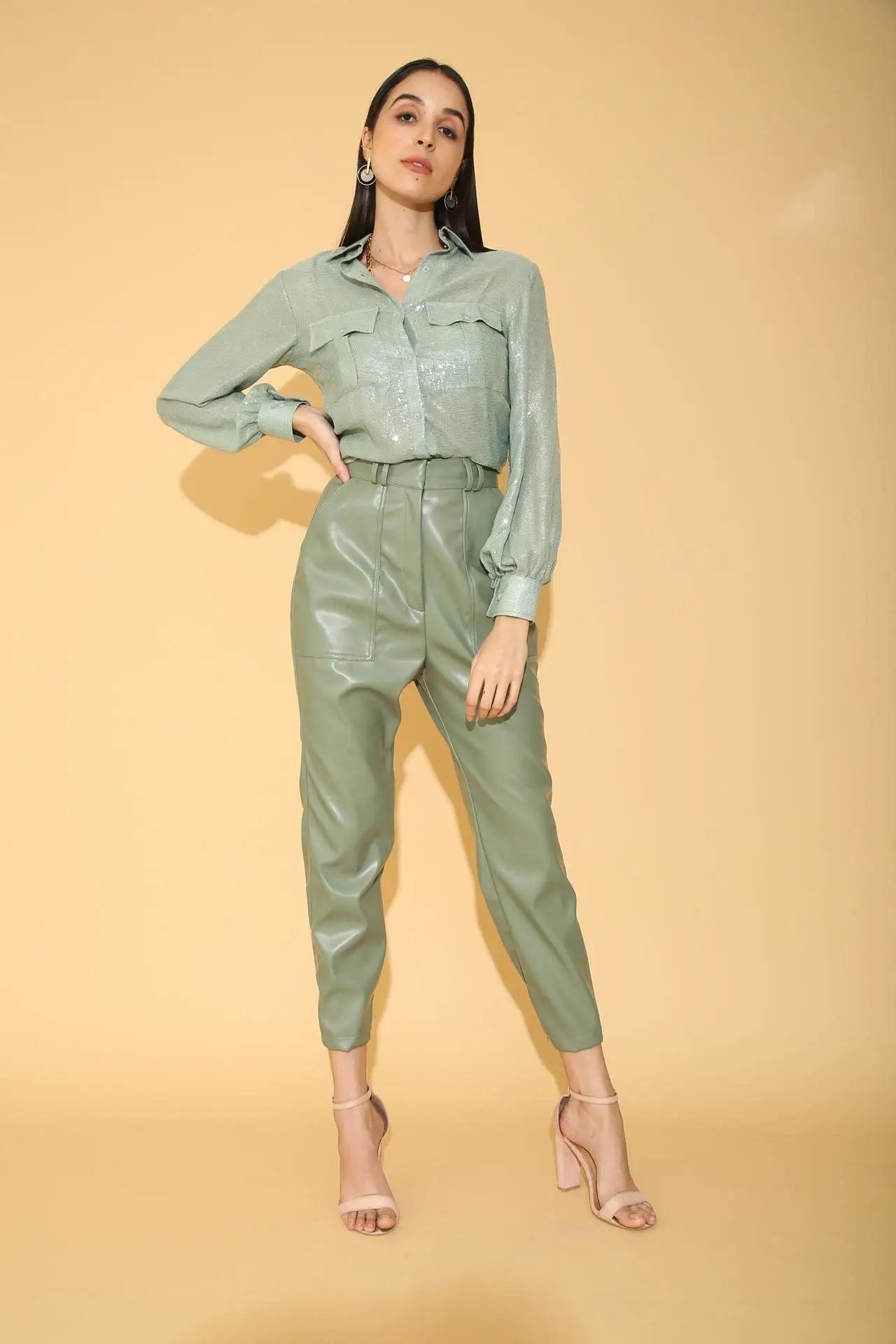 Sage Green Faux Leather Pants - PANTS