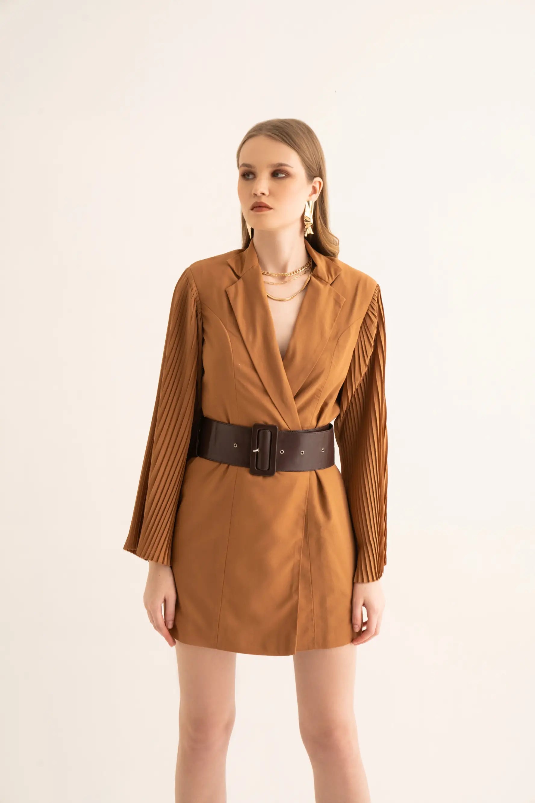 Sand Beige Pleated Sleeves Blazer Dress - DRESSES