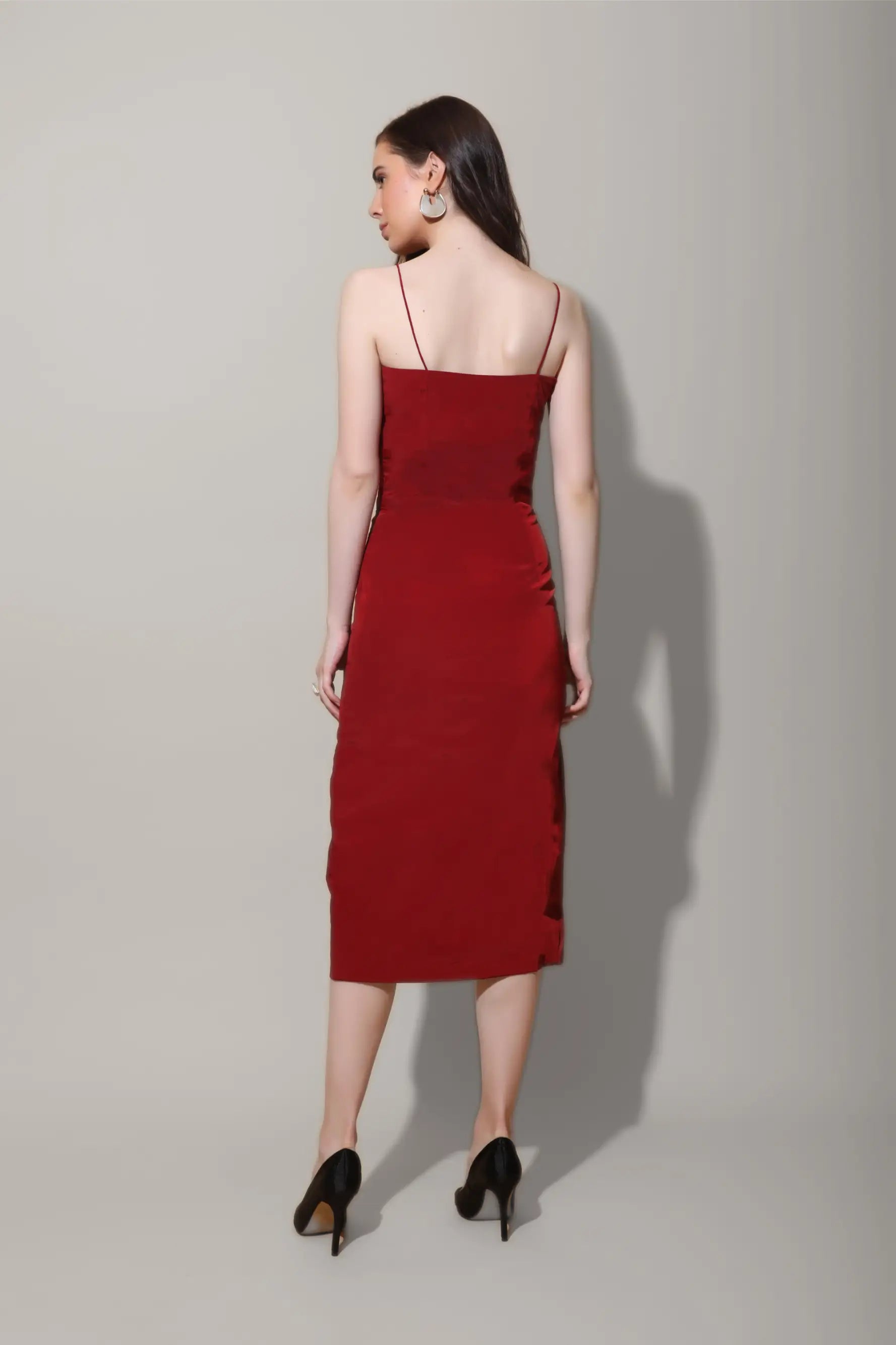 Scarlet Red Front Slit Midi Dress - DRESSES