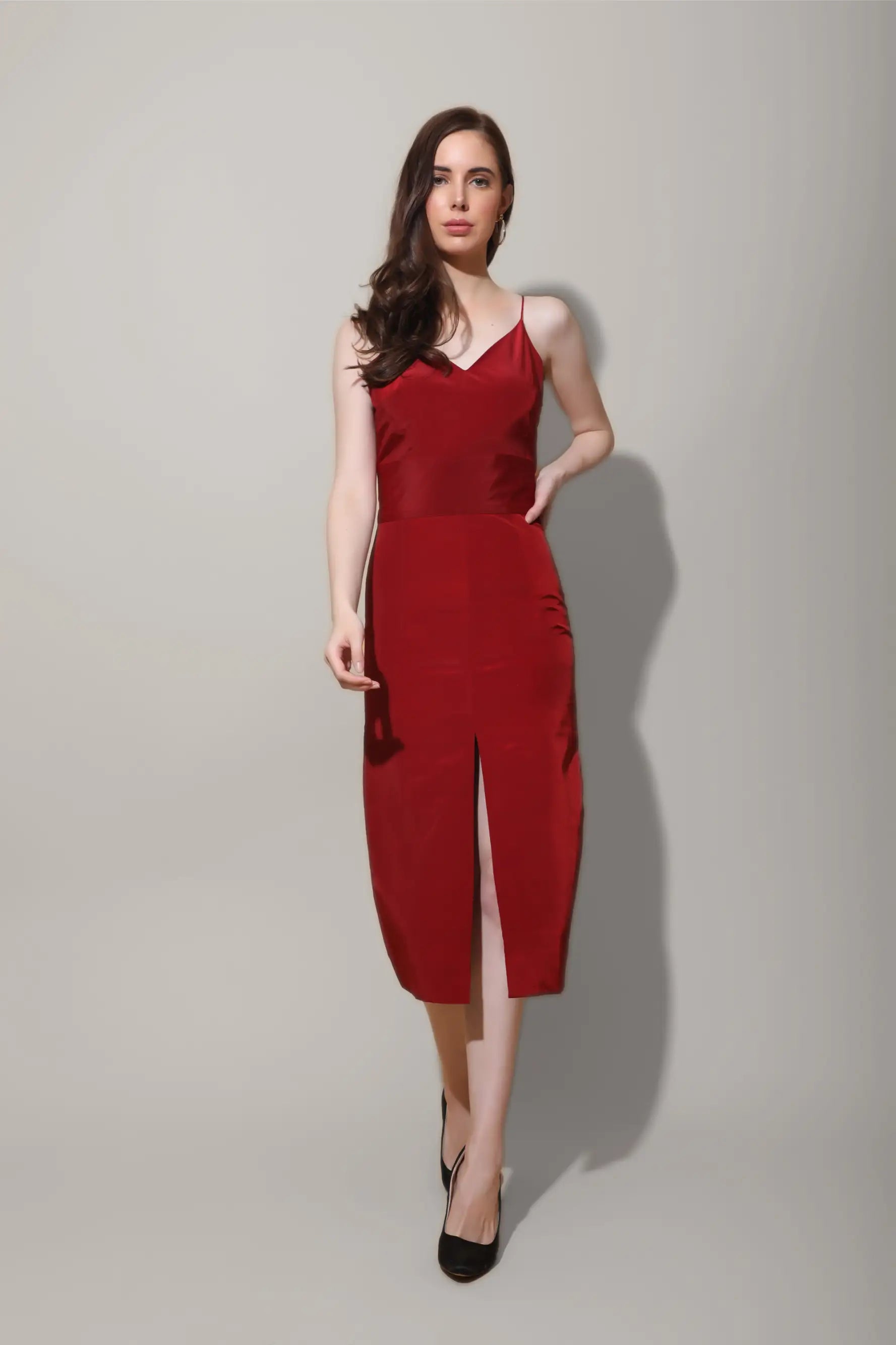 Scarlet Red Front Slit Midi Dress - DRESSES