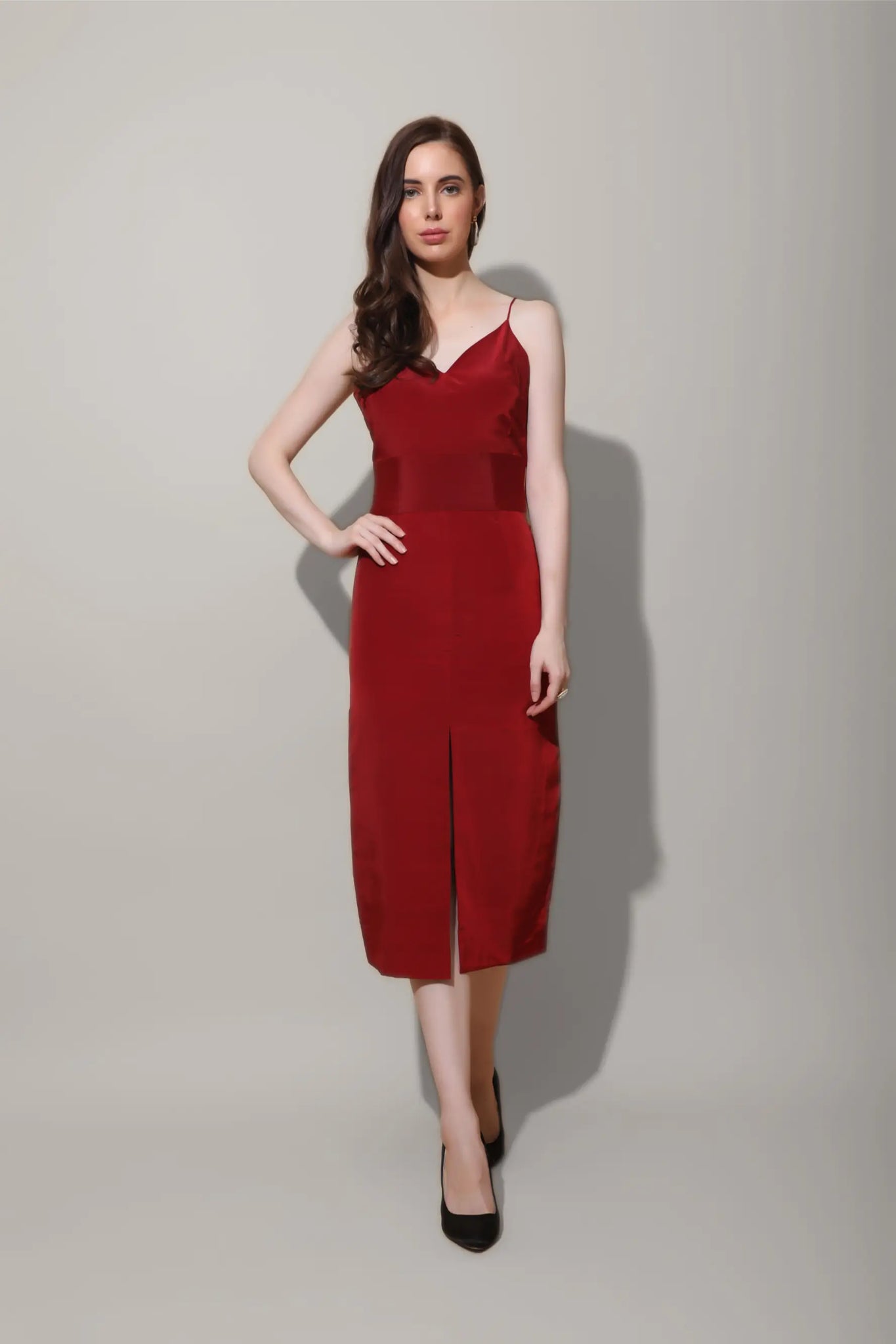 Scarlet Red Front Slit Midi Dress - Main Image