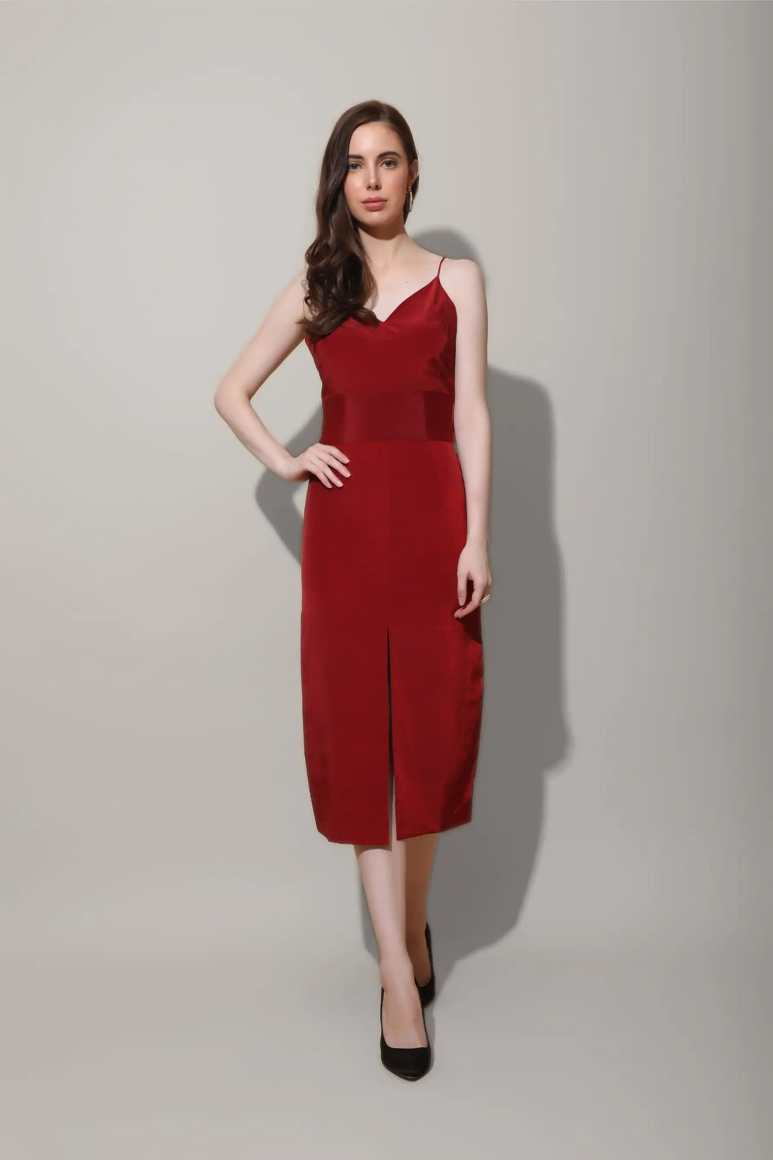 Scarlet Red Front Slit Midi Dress - DRESSES