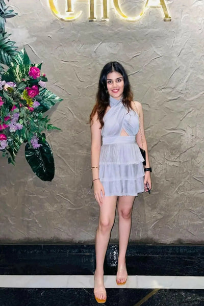 Silver Blue Peplum Flared Dress - DRESSES