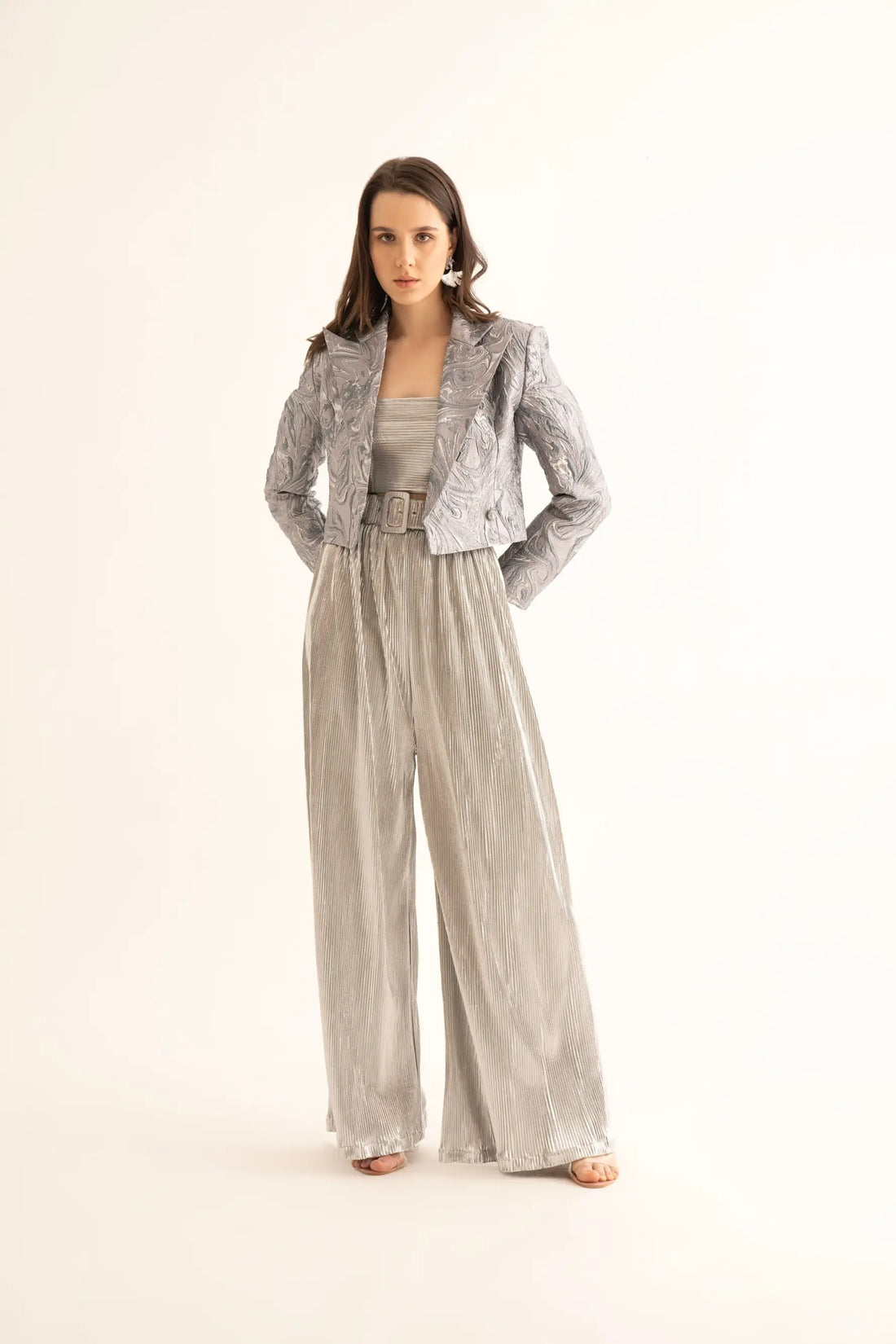 Silver Frost Crop Blazer Crop Top and Silver Pleated Belted Pants Co-ord Set - SET