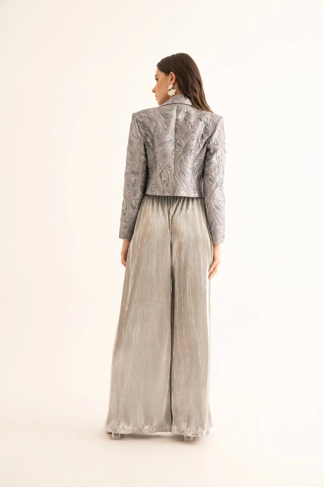 Silver Frost Crop Blazer Crop Top and Silver Pleated Belted Pants Co-ord Set - SET