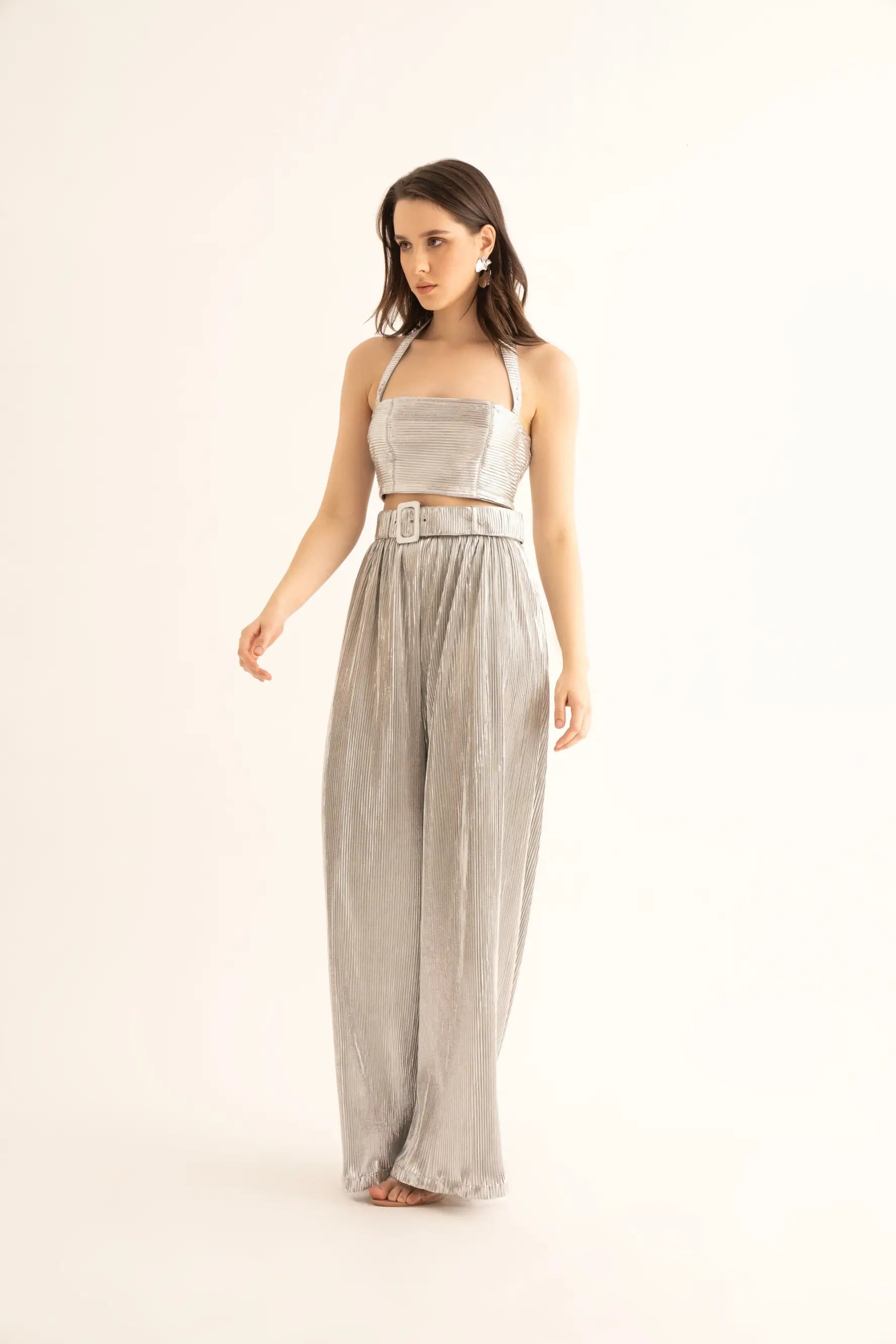 Silver Pleated Belted Pants - PANTS