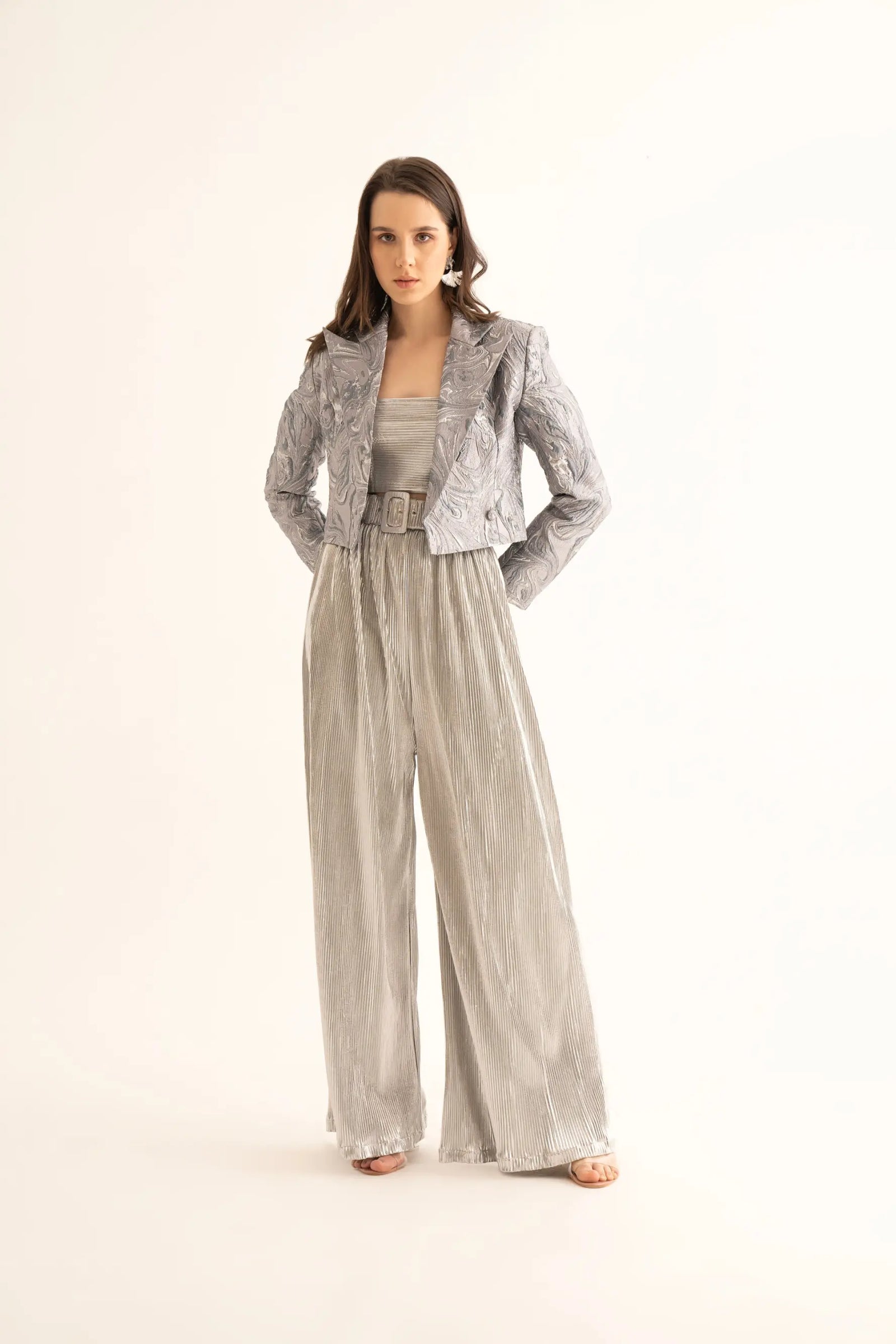 Silver Pleated Belted Pants - PANTS