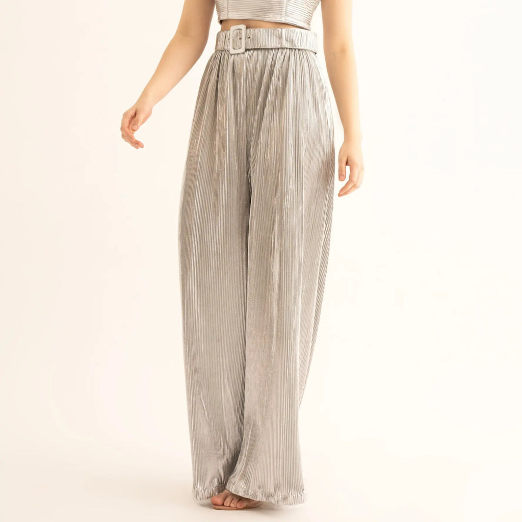 Silver Pleated Belted Pants - PANTS