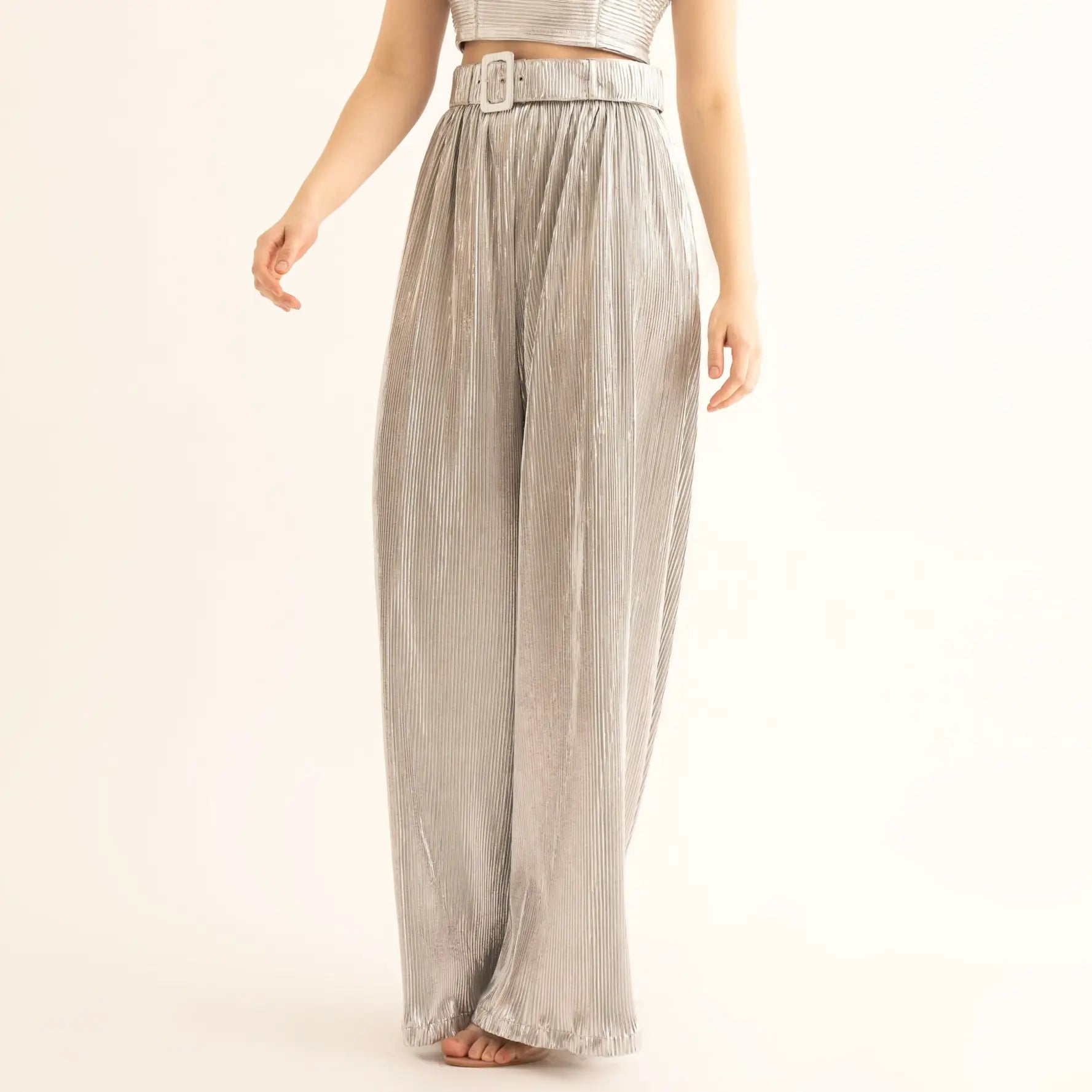 Silver Pleated Belted Pants - PANTS