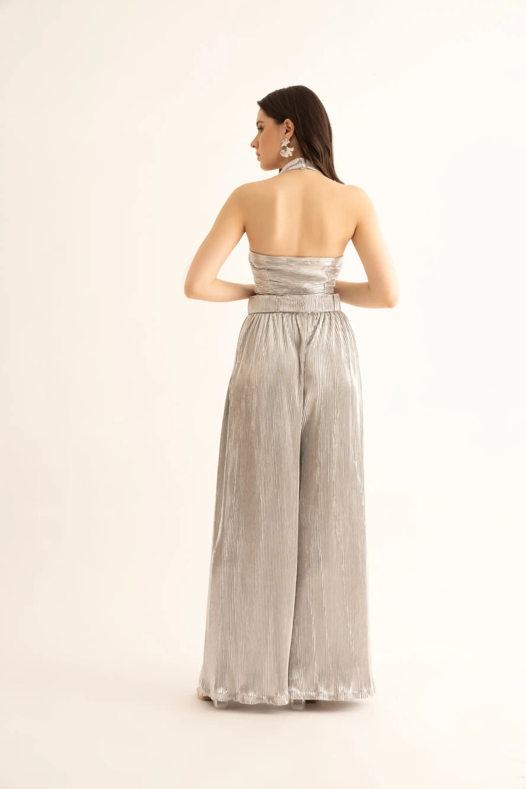 Silver Pleated Crop Top and Belted Pants Co-ord Set - SET