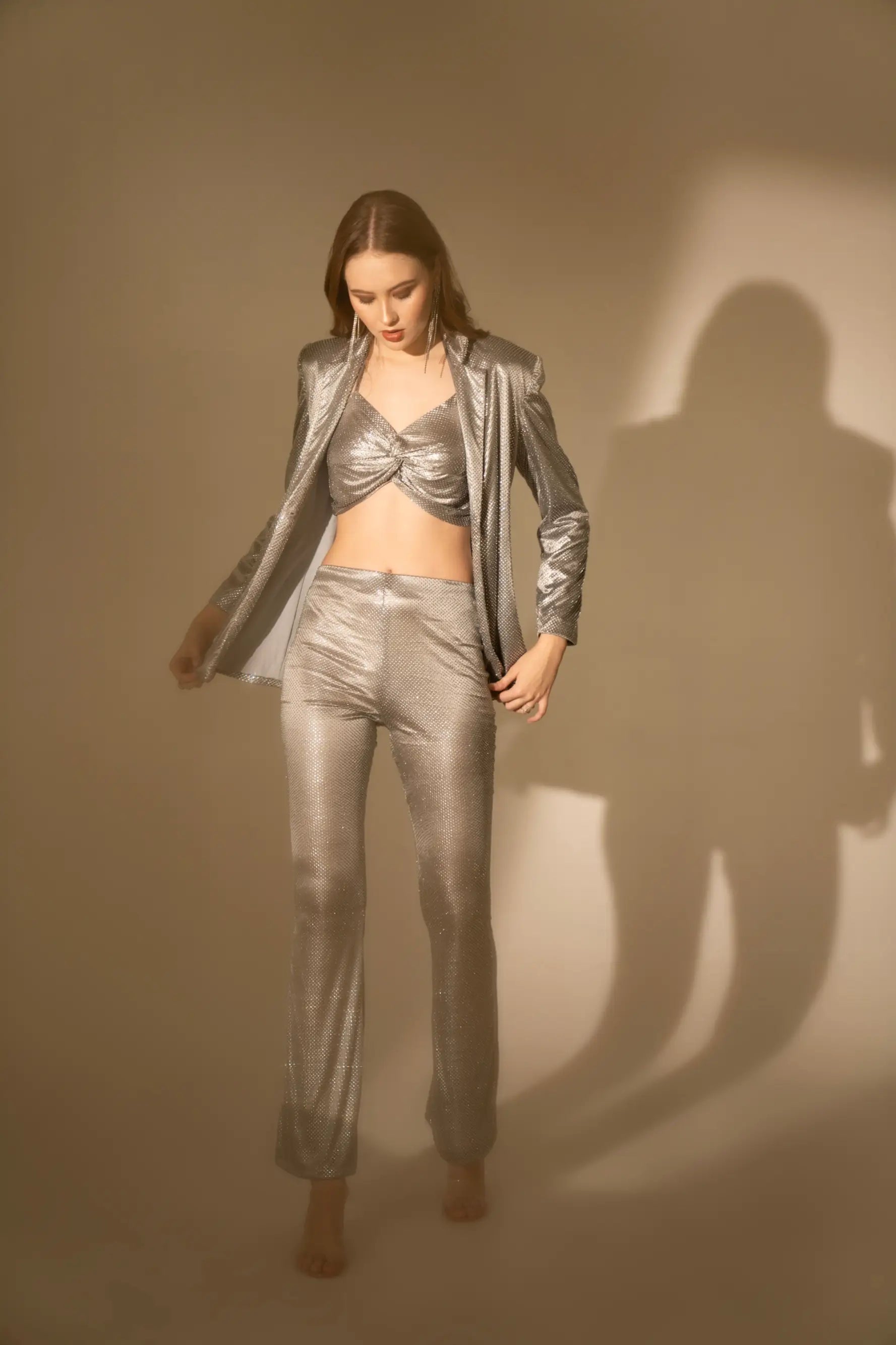 Silver Rhinestone Blazer and Bell Bottoms Co-ord Set - SET