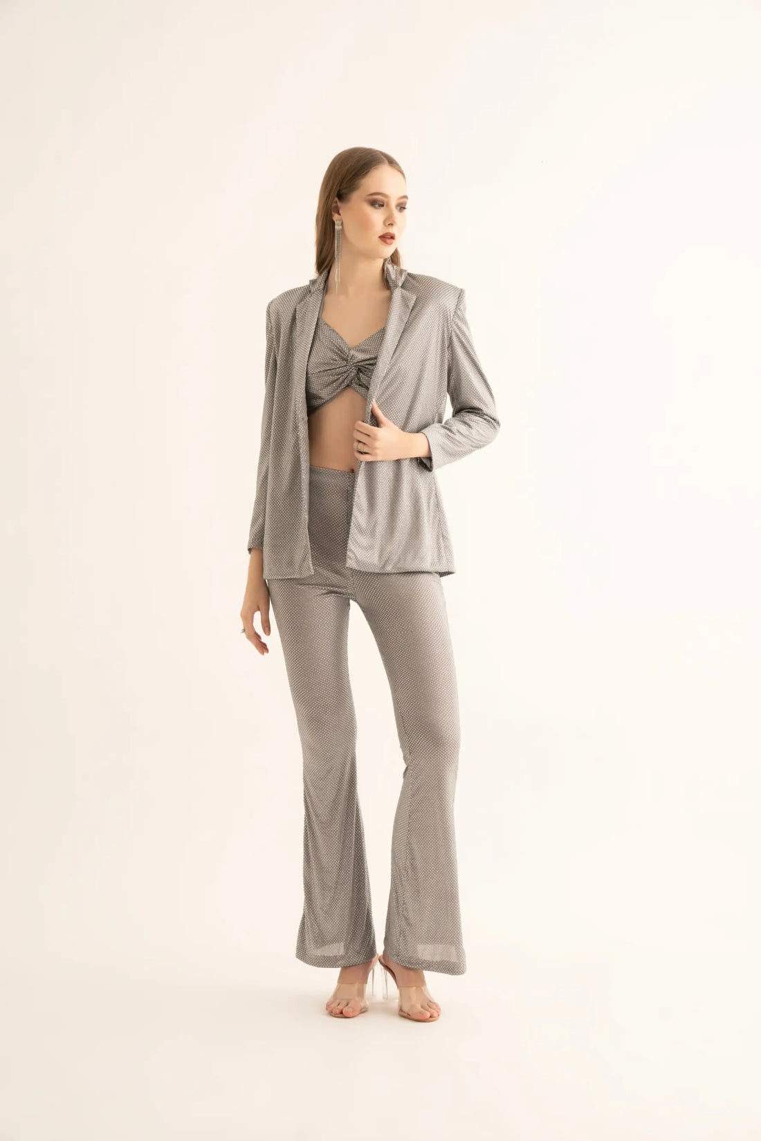 Silver Rhinestone Blazer and Bell Bottoms Co-ord Set - SET