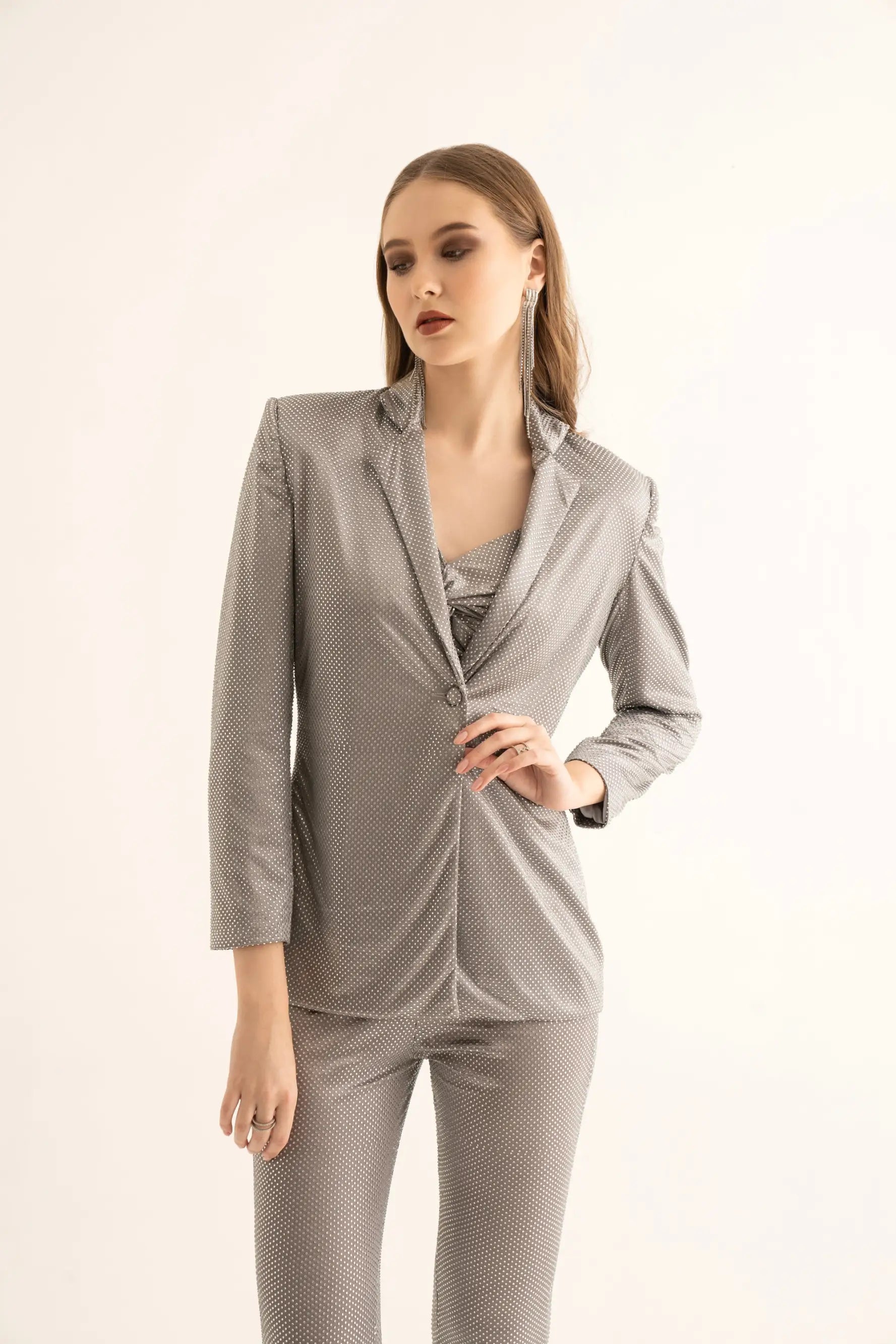 Silver Rhinestone Blazer and Bell Bottoms Co-ord Set - SET