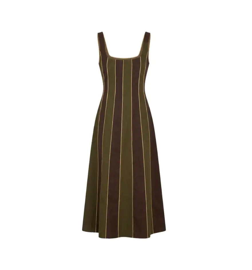A sleeveless, knee-length dress in vertical stripes of olive green and dark brown with thin cream-colored lines.