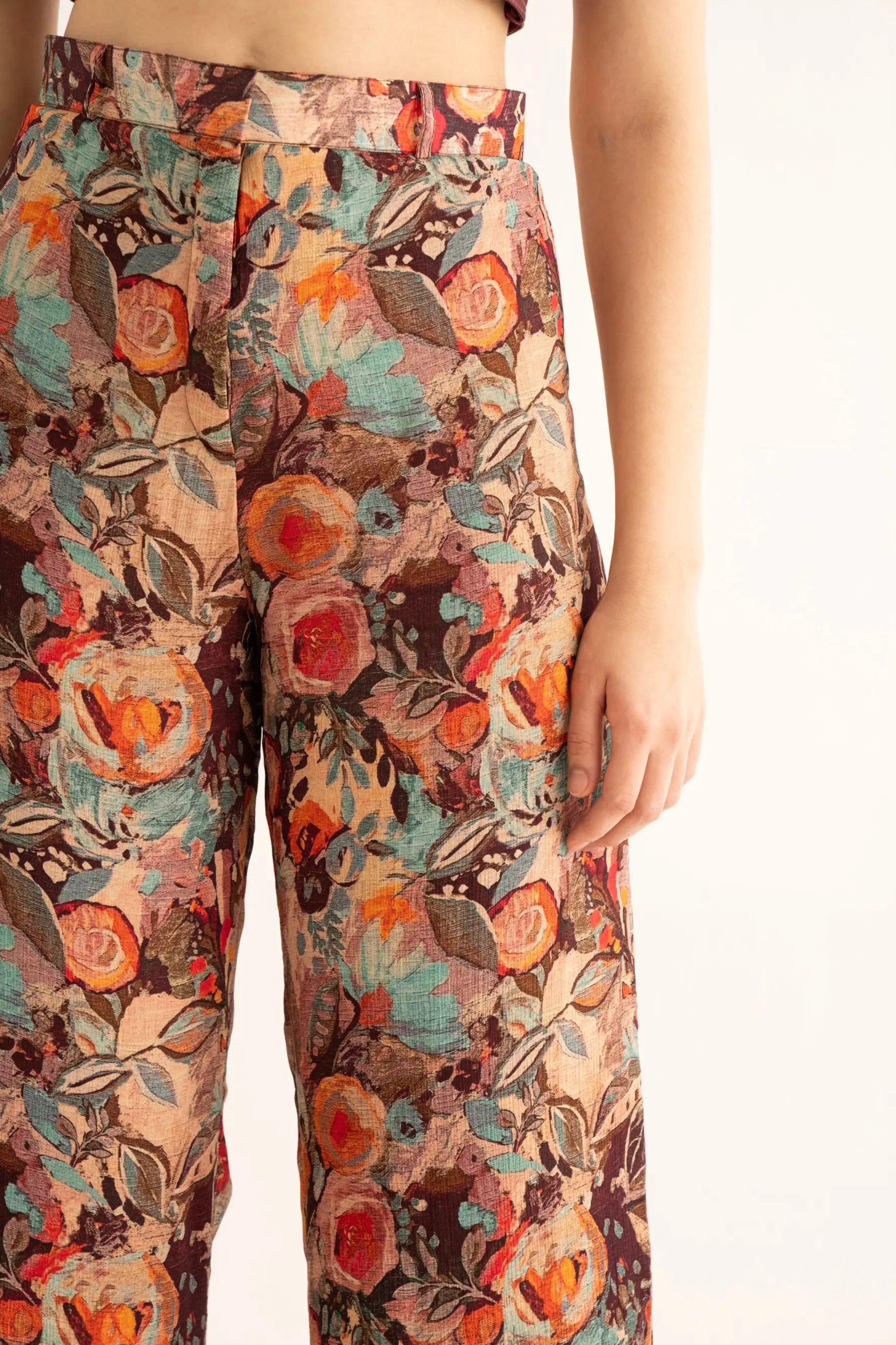 Smudged Floral Chinon Pants and Cherry Red Bralette Co-ord - SET