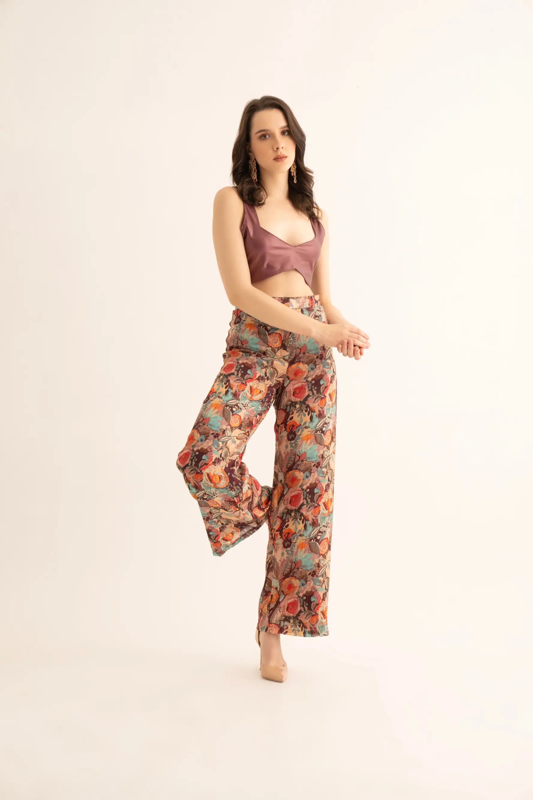 Smudged Floral Chinon Pants and Cherry Red Bralette Co-ord - SET