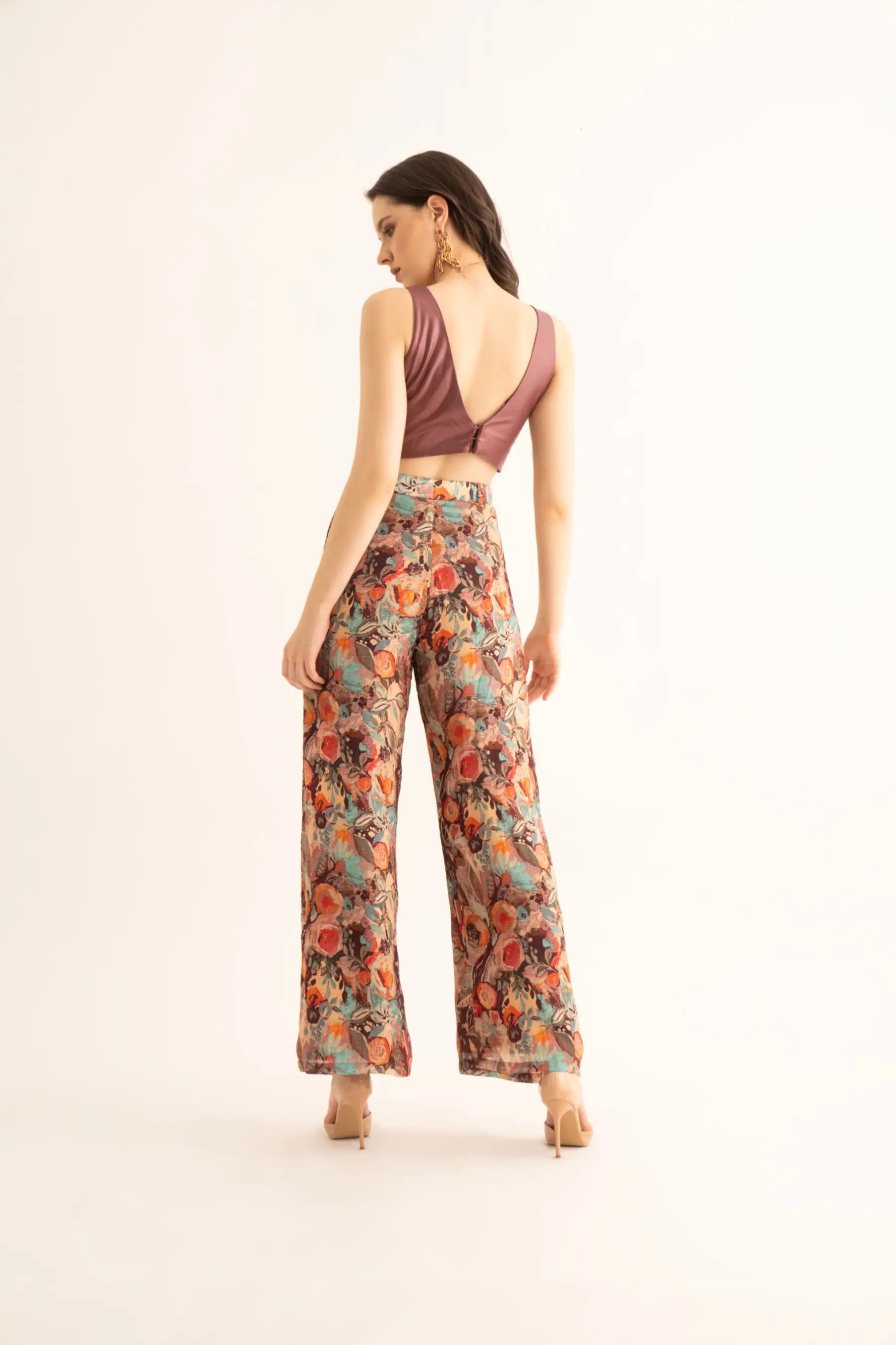 Smudged Floral Chinon Pants and Cherry Red Bralette Co-ord - SET