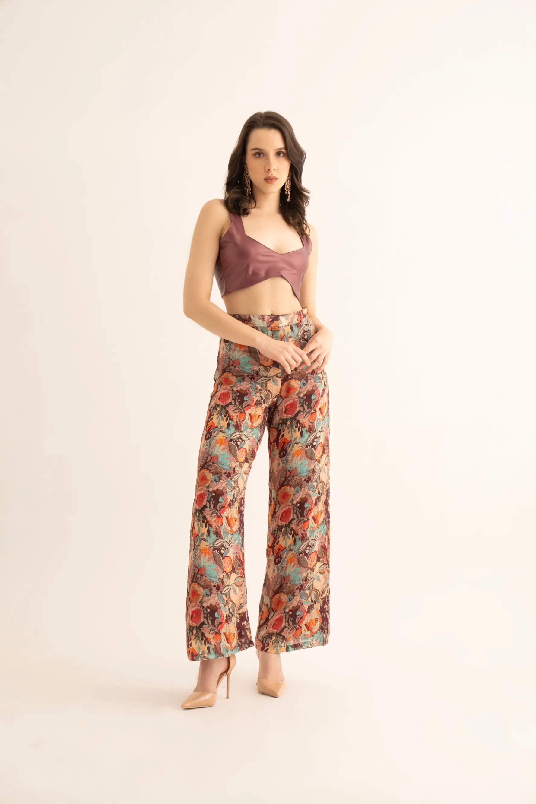 Smudged Floral Chinon Pants and Cherry Red Bralette Co-ord - SET